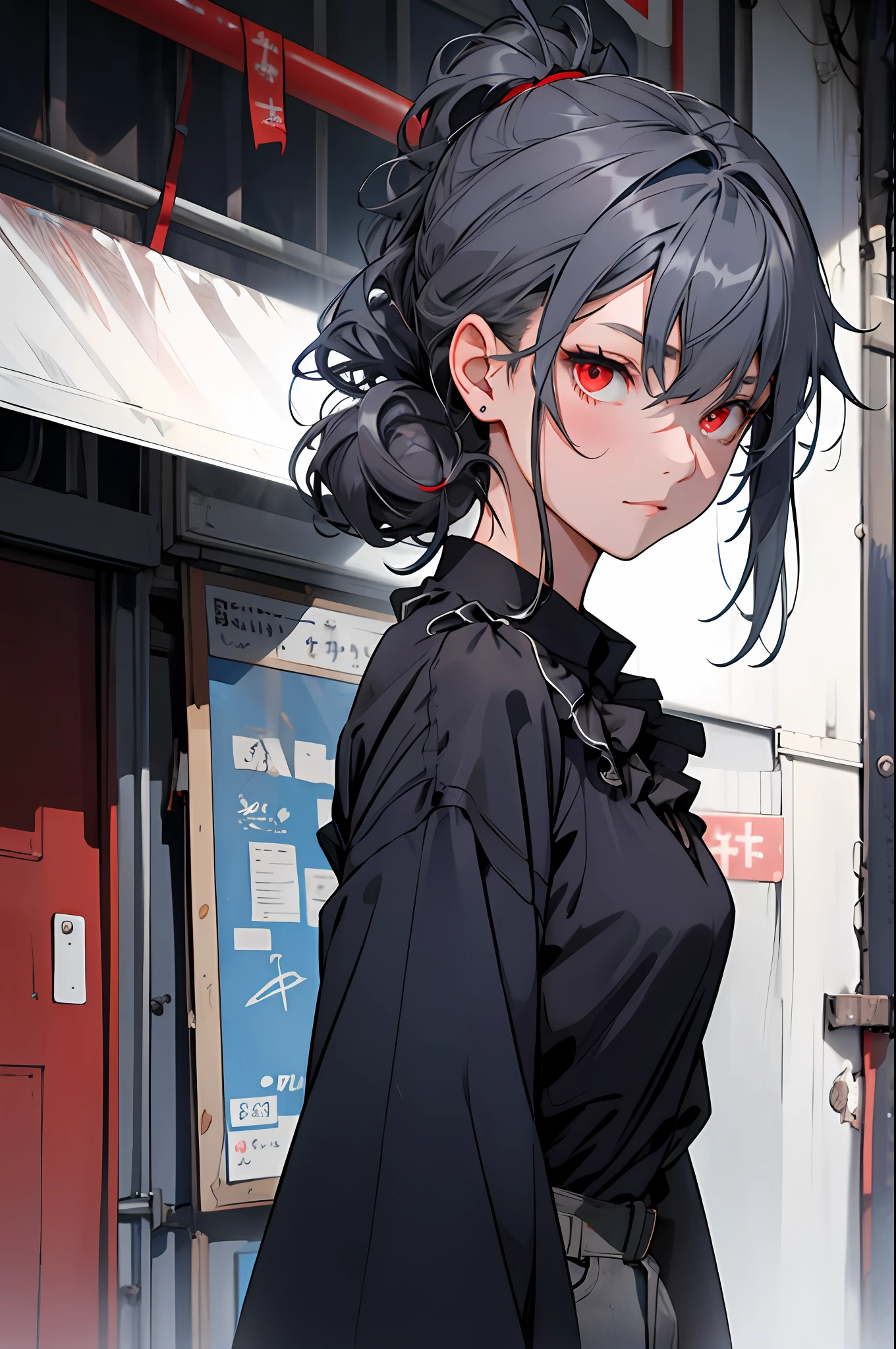 Dark blue(((1girl))), ((((solo)))), ((messy hairstyle)), standing taking a picture, (((dark gray hair)), red eyes, soft blouse