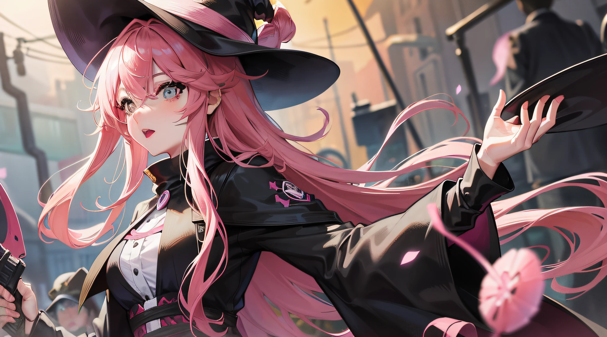 A woman with long pink hair, black doctor's gown, black hat