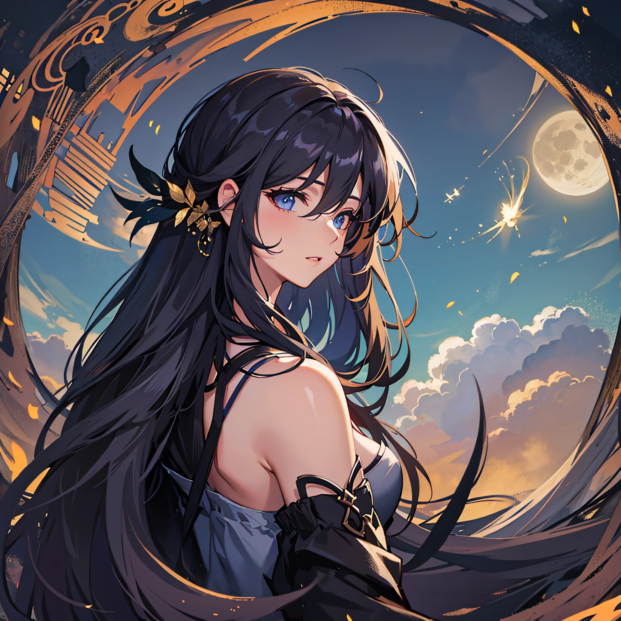 Masterpiece, best quality, night, hills, clouds, full moon, long hair, woman, silhouette, firefly. --auto --s2