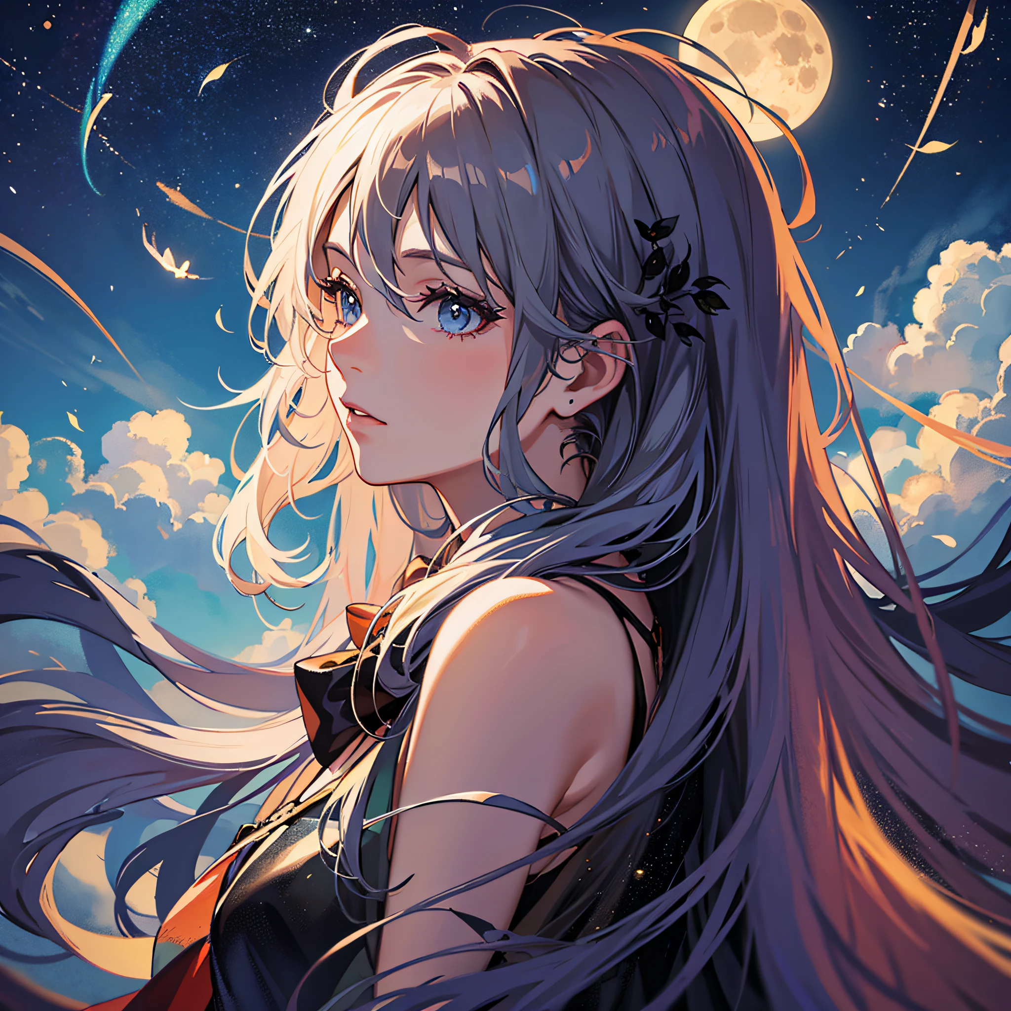 Masterpiece, best quality, night, hills, clouds, full moon, long hair, woman, silhouette, firefly. --auto --s2