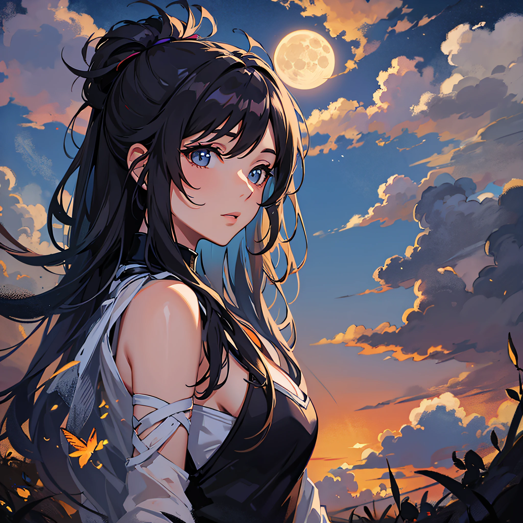Masterpiece, best quality, night, hills, clouds, full moon, long hair, woman, silhouette, firefly. --auto --s2