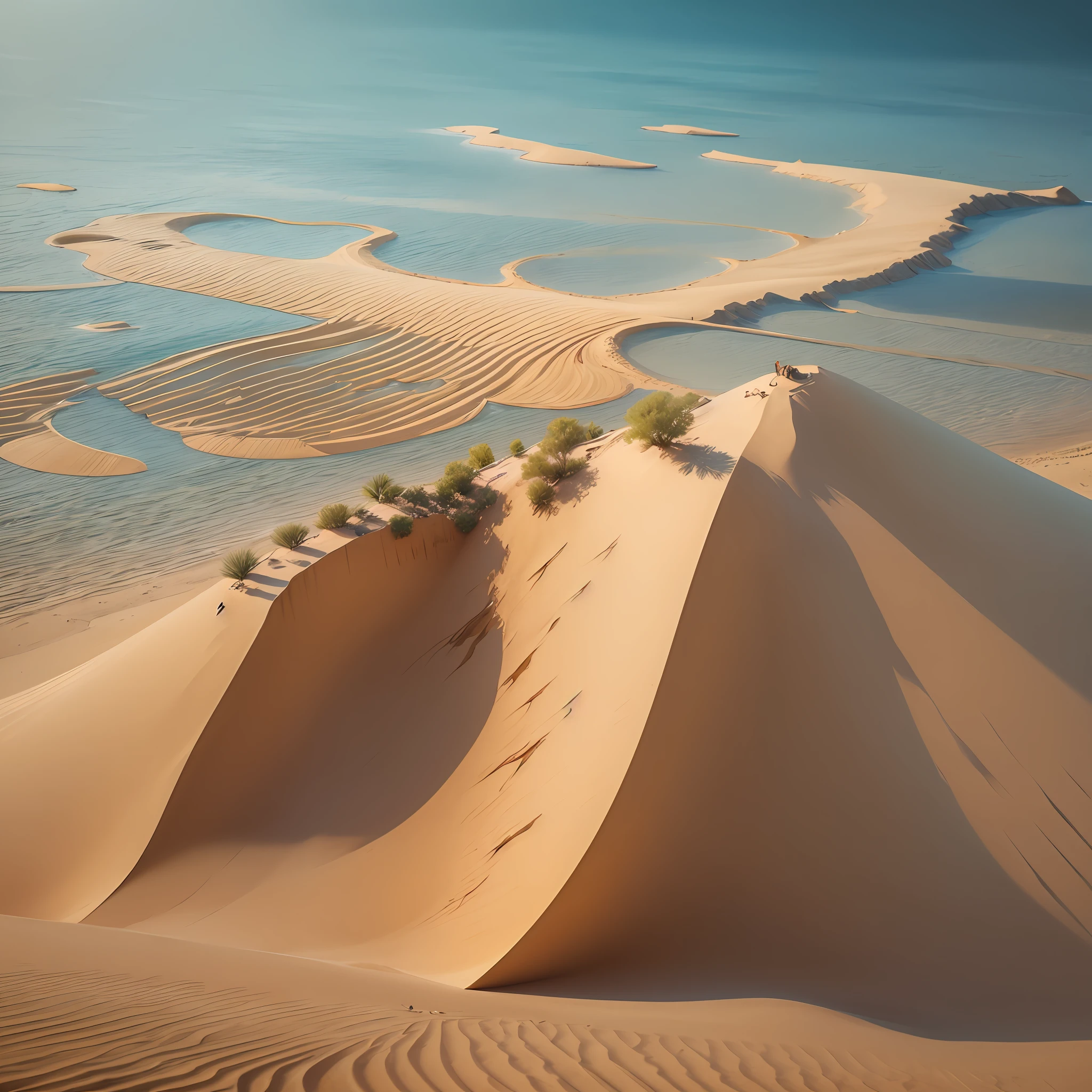 Computer Visualized Graphics, Watercolor Drawing, Realistic Fantasy, Extensive Landscape Ultrasound Photography (general view showing a glass glass, roots braiding the glass, grains of sand, sand, dune, desert, sand castle, ), blurred background, gloomy, yellow, orange, gray, sand background, warm, magic, "Hyper-realistic textures," "Precise details," "Realistic still life," "Realistic portraits," "Realistic landscapes." --auto --s2