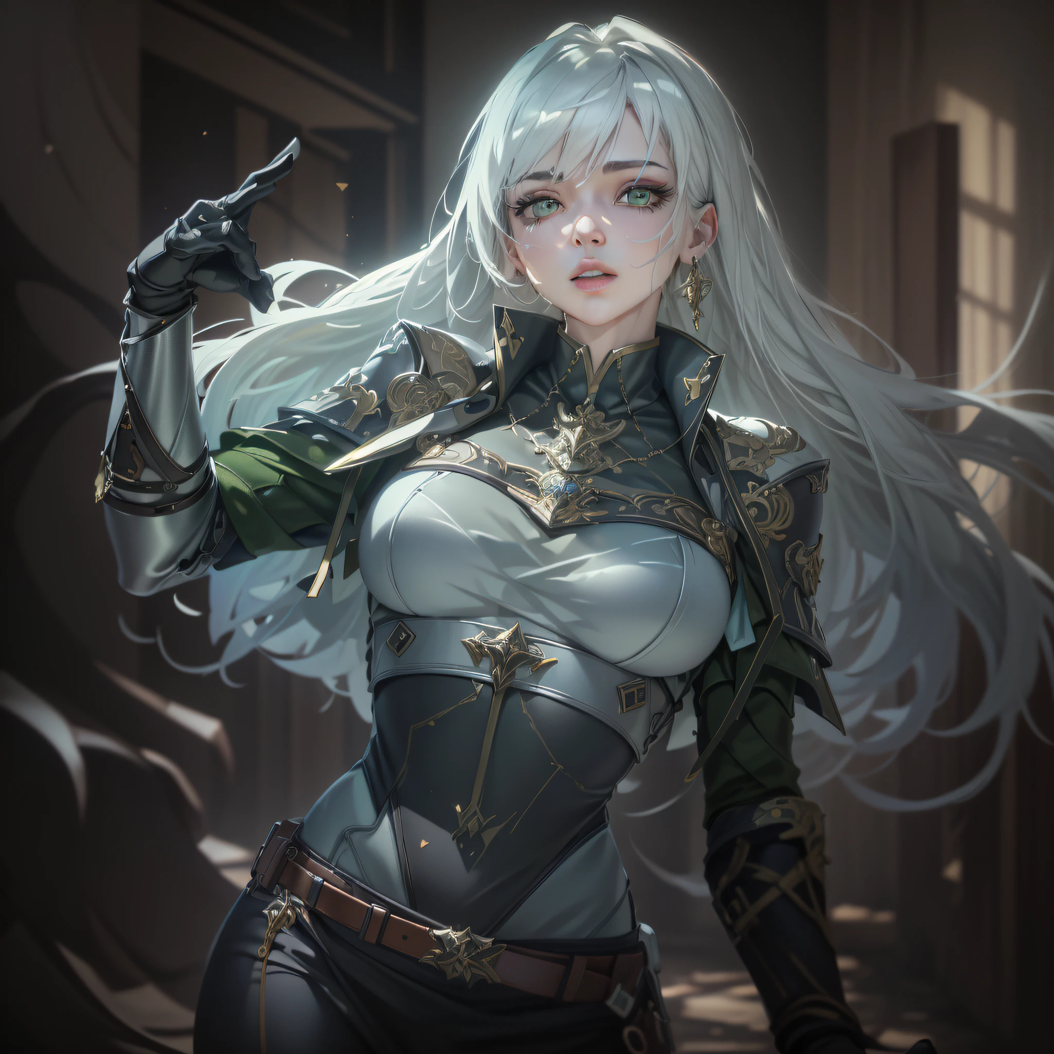 (Best quality)), ((masterpiece)), (highly detailed:1.3),muskateer, ((hunter outfit)), white blouse, scar on left eye, ((green eyes)), athletic body, fair skin. The details of his body are meticulously elaborated, reflecting beauty (beauty:1.2). The embellishments (ornate:1.4) that adorn your pants, ((with gray hair)), long hair, with a thin waist, demonstrating determination in your look, a balance of danger and beauty, HDR (High Dynamic Range), Ray Tracing, NVIDIA RTX, Super-Resolution, Unreal 5, Subsurface Scattering, PBR Texturing, Post-processing, Anisotropic filtering, Depth of field, Maximum clarity and sharpness, Multilayer textures,  Albedo and specular maps, Surface shading, accurate simulation of light-material interaction, perfect proportions, Octane Render, two-tone lighting, low ISO, white balance, rule of thirds, wide aerature, 8K RAW, efficient sub-pixel, sub-pixel convolution, luminescent particles --auto --s2