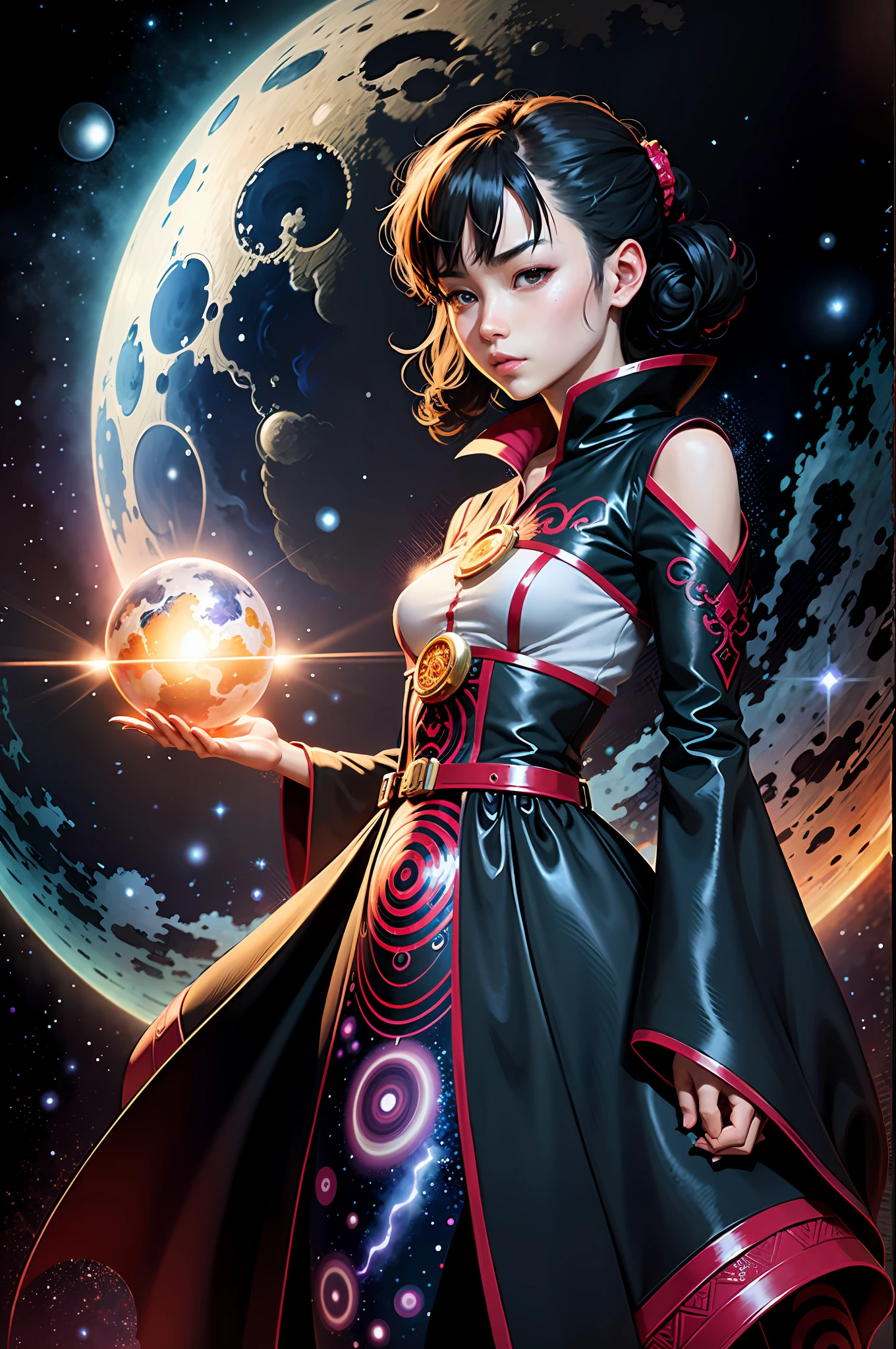 Create a stunning and vibrant universe art anime character portrait capturing the essence of an otherworldly being, with intricate line-work, highly detailed features, and smooth gradients, set against a nebula-filled backdrop, giving a sense of cosmic wonder and mystique, illuminated by ethereal and vibrant colors, reminiscent of Hayao Miyazaki's art style, trending on Artstation, with influences from artists like Yoshiyuki Sadamoto, Akihiko Yoshida, and Akira Toriyama.