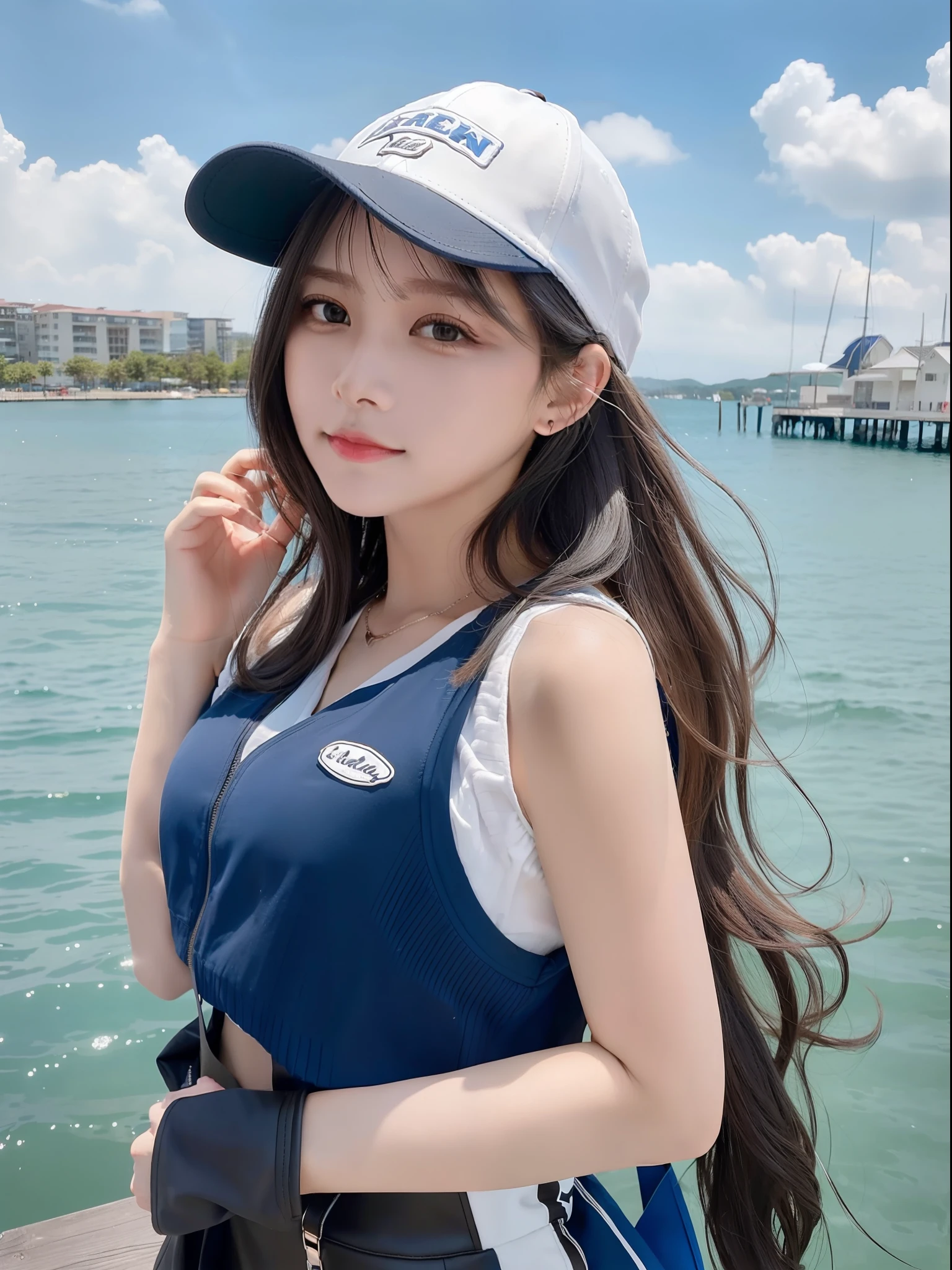A beautiful woman is standing on a pier at lakeside, One hand close to the face, distant shot, medium hair, flipped hair, wavy hair, baseball cap, beautiful blue lake, (masterpiece: 1.1), (8k, RAW photo:1.2), (best quality: 1.1), black and grey color fishing vest like life jacket, fishing