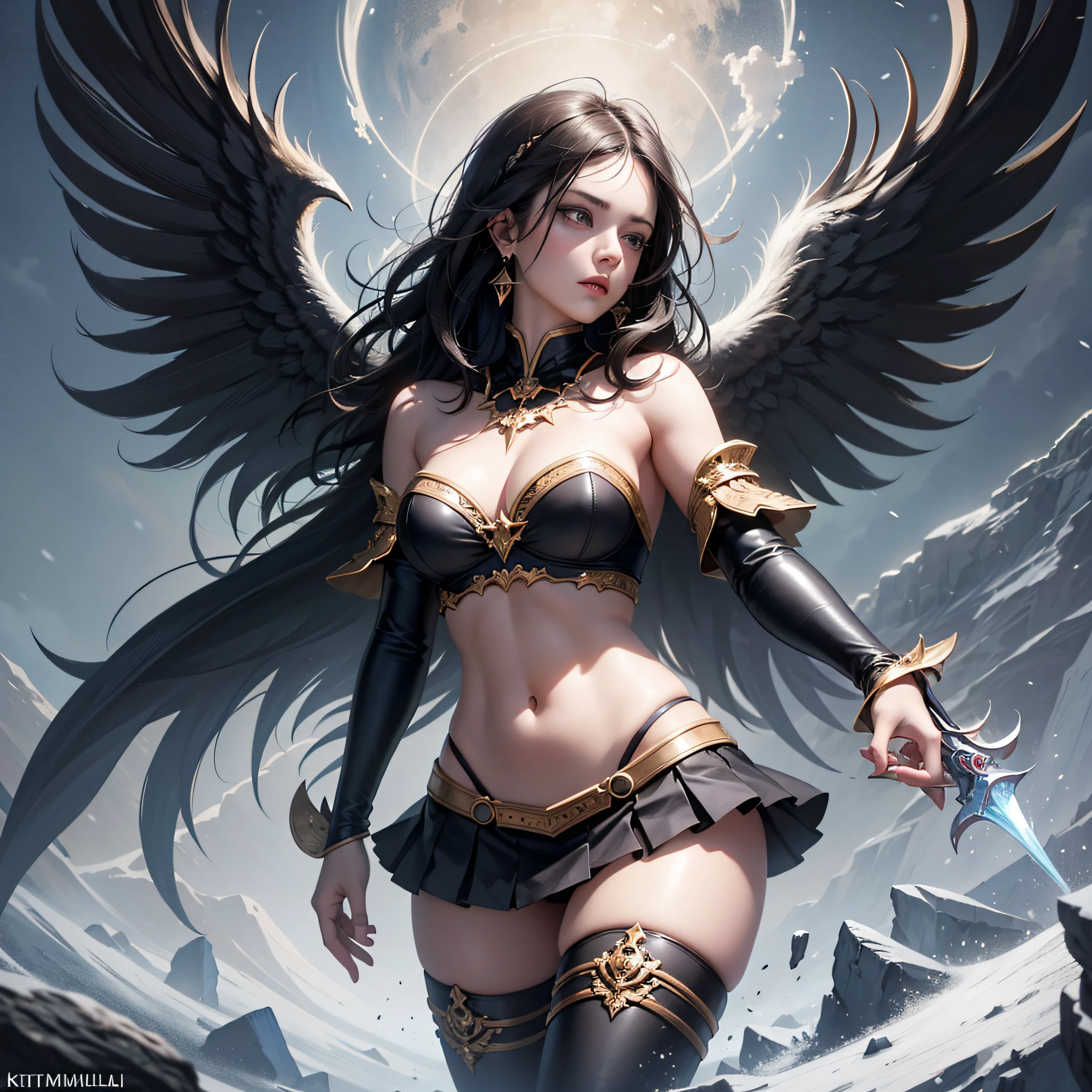 dark, winged, real, elegant, highly detailed, realistic,big eyes, digital painting, art station, concept art, smooth, sharp focus, art of John Collier and Albert Obright and Krenz Kusart and Artem Demulla, busty figure, busty body, black hair, blue eyes, simple bandeau, simple short skirt, snow mountain --auto --s2