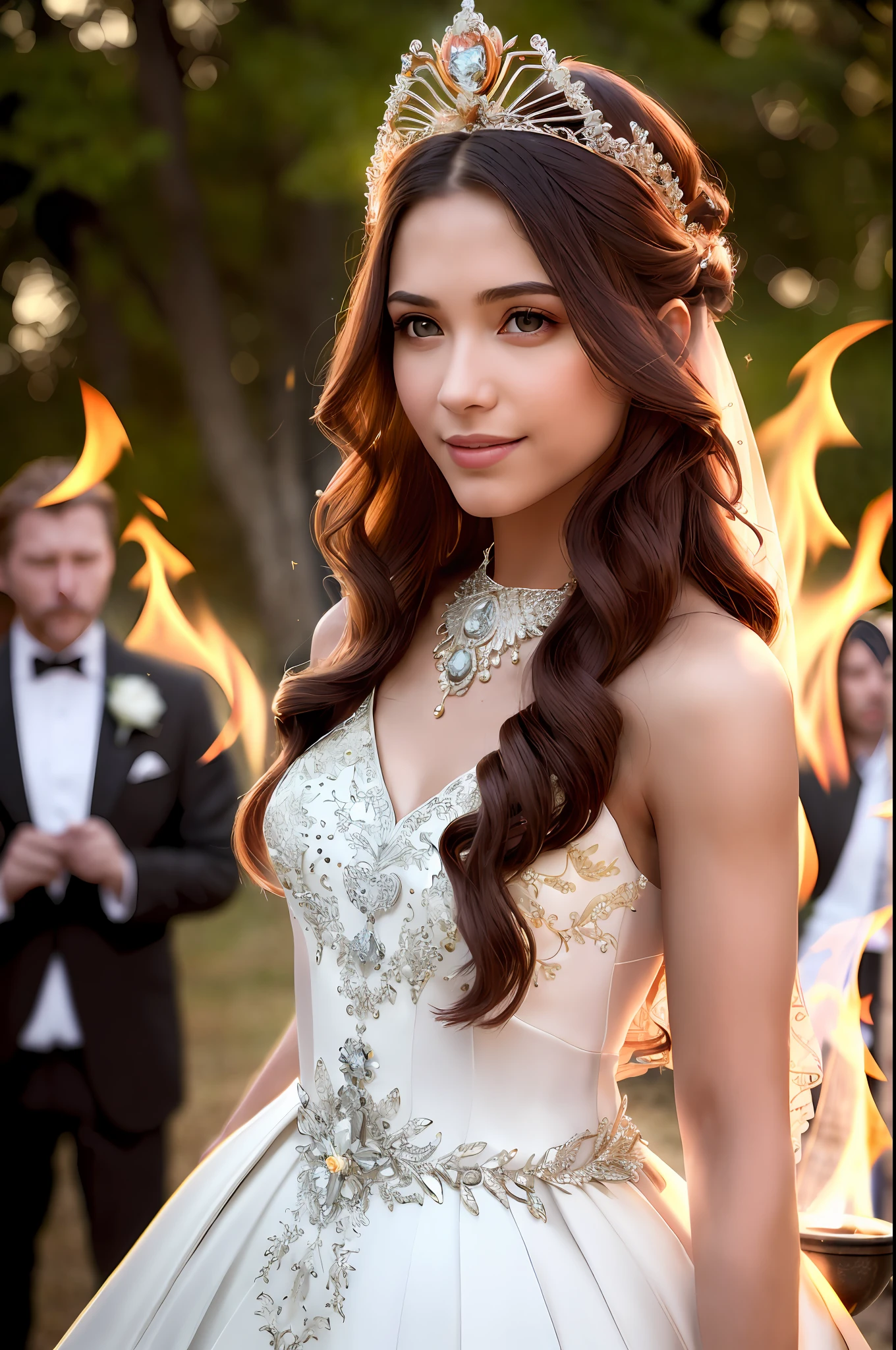 masterpiece, (photorealistic:1.4), best quality, beautiful lighting, fire flame, outdoors, upper body, 1 girl, natural beautiful female, slender woman, ((small breasts)). bride of fire, blushing face, smiling, ((chignon fire hair)), fire red eyes, detailed, intricate, RAW photo, 8k uhd, film grain,
(((extremely detailed fire wedding dress, fire wedding veil))),
extremely detailed gorgeous fire tiara, gorgeous fire necklace