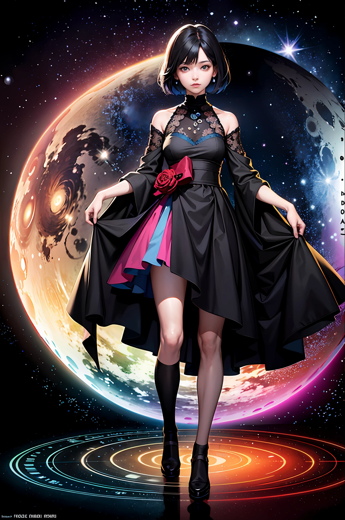 Create a stunning and vibrant universe art anime character portrait capturing the essence of an otherworldly being, with intricate line-work, highly detailed features, and smooth gradients, set against a nebula-filled backdrop, giving a sense of cosmic wonder and mystique, illuminated by ethereal and vibrant colors, reminiscent of Hayao Miyazaki's art style, trending on Artstation, with influences from artists like Yoshiyuki Sadamoto, Akihiko Yoshida, and Akira Toriyama.