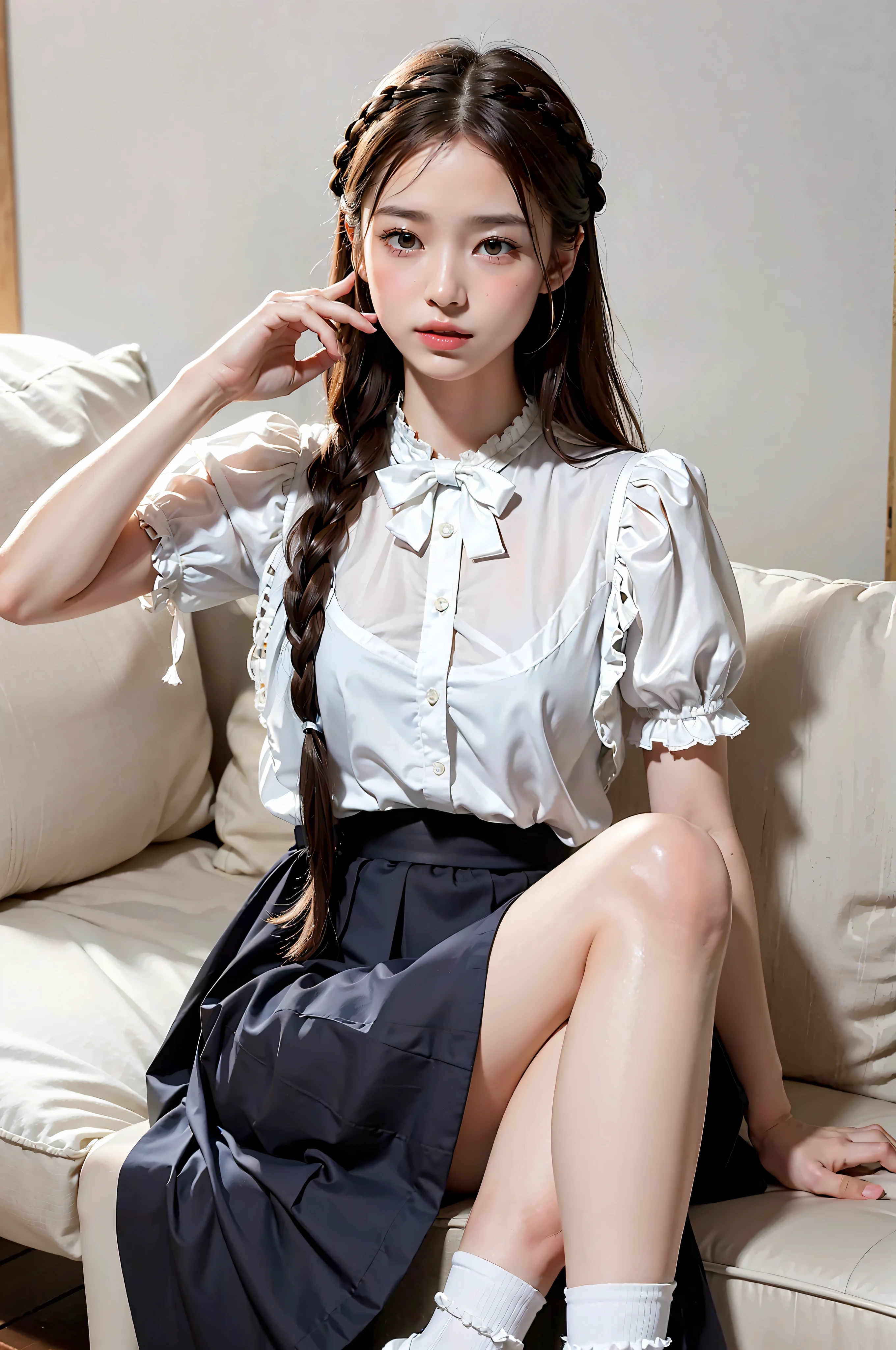 ((Light garden porch background)), (lo-fi), (soft focus), high quality, masterpiece, high definition, high definition, high resolution, 4K, ultra high definition, ultra high definition, ultra realistic shadows, ultra realistic, dramatic lighting, one girl, solo, detailed face, realistic eyes, realistic skin, dynamic hair, dynamic pose, dynamic angle, white flower dress, white background, ulzzang-6500-v1.1, (raw photo: 1.2), (photorealistic: 1.4), beautiful detailed girl, highly detailed eyes and face, beautiful detailed eyes, ridiculous, incredibly ridiculous, huge file size, super detail, high resolution, very detail, highest quality, (bright indoors), (soft light), (low contrast), (shallow depth of field), ( Portrait of a beautiful woman illuminated by gentle light), (very delicate and elegant depiction), (short length bangs), (hair color is dark chestnut with a slight brown tone), (hair with subtle gentle waves), (small braid intricately woven on the sides of long hair), (decorated with thin ribbons), (white blouse with small ruffles), (bow tie), (blue long skirt), ( white short ankle-length silk socks), illustration, very detailed, CG, unification, 8k wallpaper, amazing, fine detail, best quality, highly detailed CG unified 8k wallpaper, face light, movie lighting, 1 girl, 16 years old, (((without panties)), (dynamic pose))), (camel toe), (half), (bent knees and legs sitting))