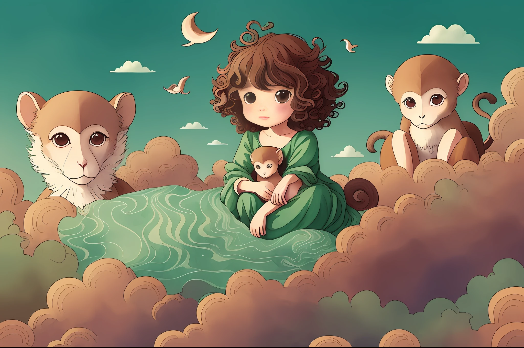 Digital art, surreal illustration, soft watercolour and ink.
A bunch of monkeys on a cloud surging from the mind of a little girl, she has curly brown hair and bangs. The imagen symbolizes the seamless union of a girl and her playful animal spirit. Dreamy composition. Palette of russet, forest green, burgundy and aqua. --auto --s2