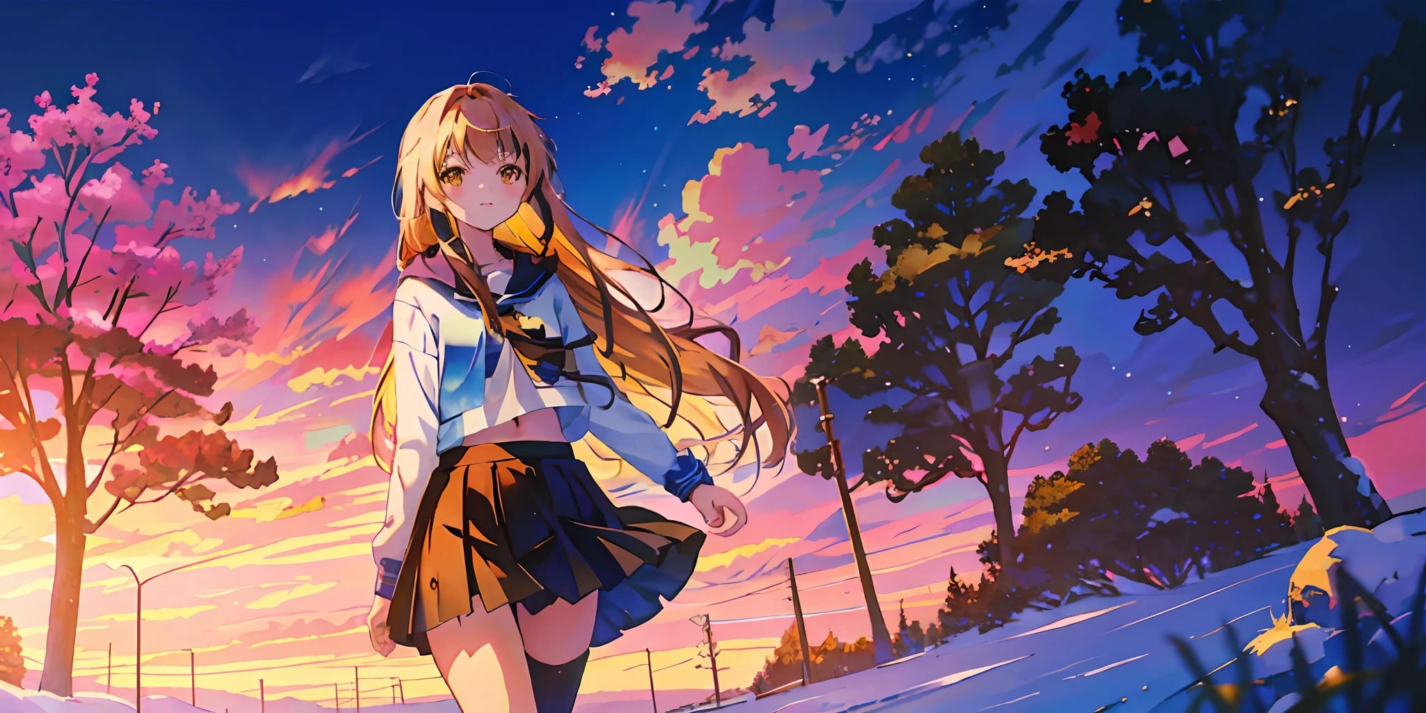 girl standing on snowy field with the sky in the background， (((masterpiece: 1.5, best quality, high resolution: 1.3, super resolution, super detailed, ultra detailed:1.3, rich background:1.2))), ((far away)),((shiina mahiru, yellow eyes, floating hair, very long hair, blunt bangs, cute hairpin, crop top, navel, miniskirt)), Cosmos Sky,, beautiful anime scene, Makoto Shinkai Cyril Rolando, anime art wallpaper 4k, anime art wallpaper 4k, anime sky, anime beautiful peaceful field, High resolution, pink sky, beautiful scene), (universe, train passing, magic realism, ((makoto shinkai style)) ::0.8), [art atmosphere, atmosphere:0.8, starry sky, hills, snow mountain , sparkling water, grass, trees, smoke, stars, low angle of view, specular light scattering, detail enhancement. Character details are complete.