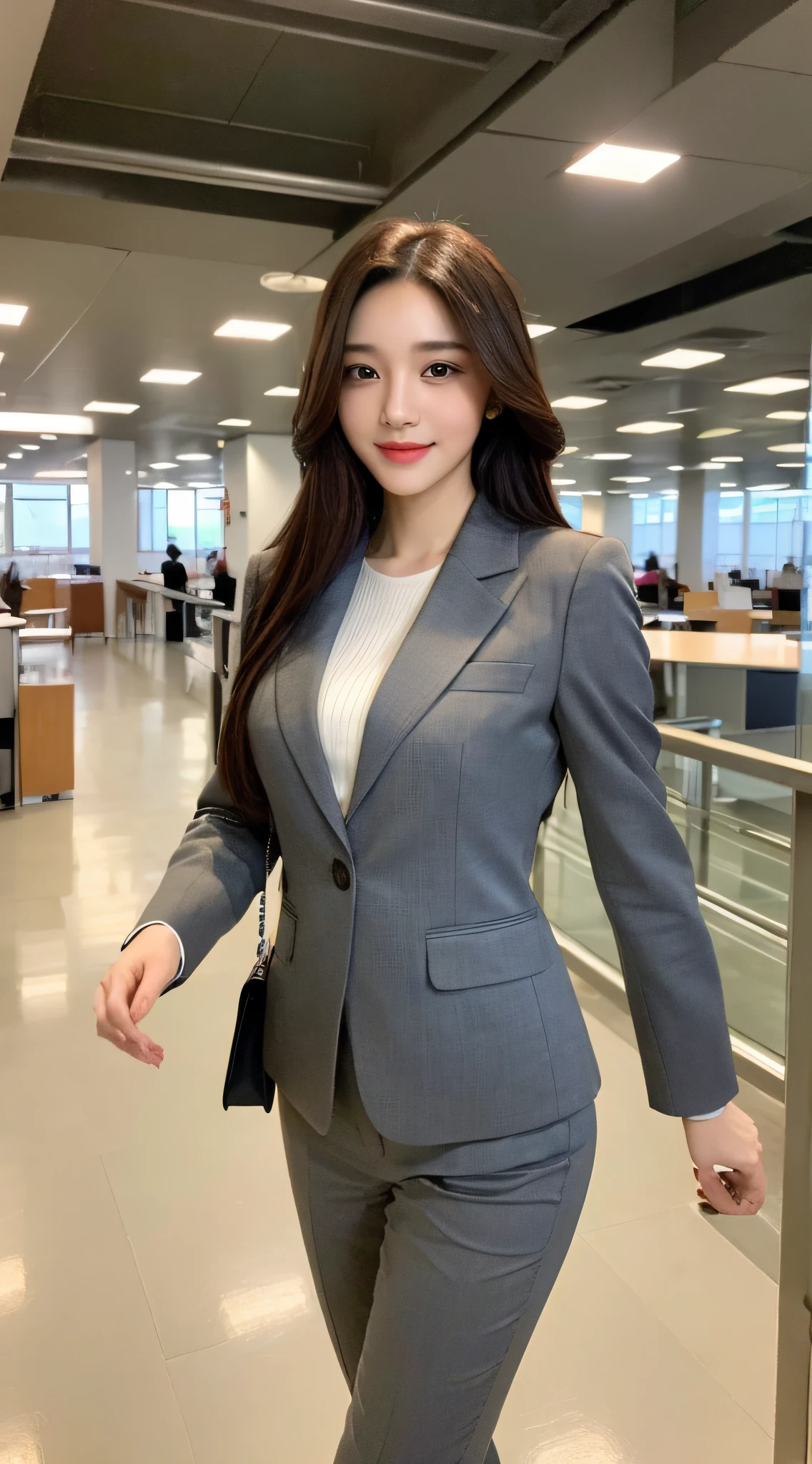 ((Best Quality, 8K, Masterpiece: 1.3)), 1 girl, smile, full body, slim face, beautiful woman, dressed in professional attire, dressed in a slim gray suit, standing in a modern office hall, surrounded by handrails, showing the busyness and vitality of a modern city, ultra-detailed face, detailed eyes, double eyelids, blurred background, slim face,