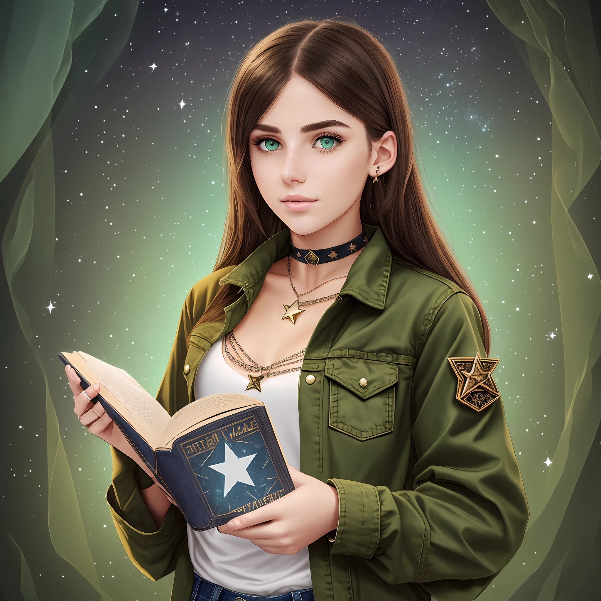 Young woman with white skin, green eyes with dark circles, freckles and a nose piercing. Straight brown hair. Choker with a star pendant, baggy black blouse, military pants, denim jacket. Holding a magic book