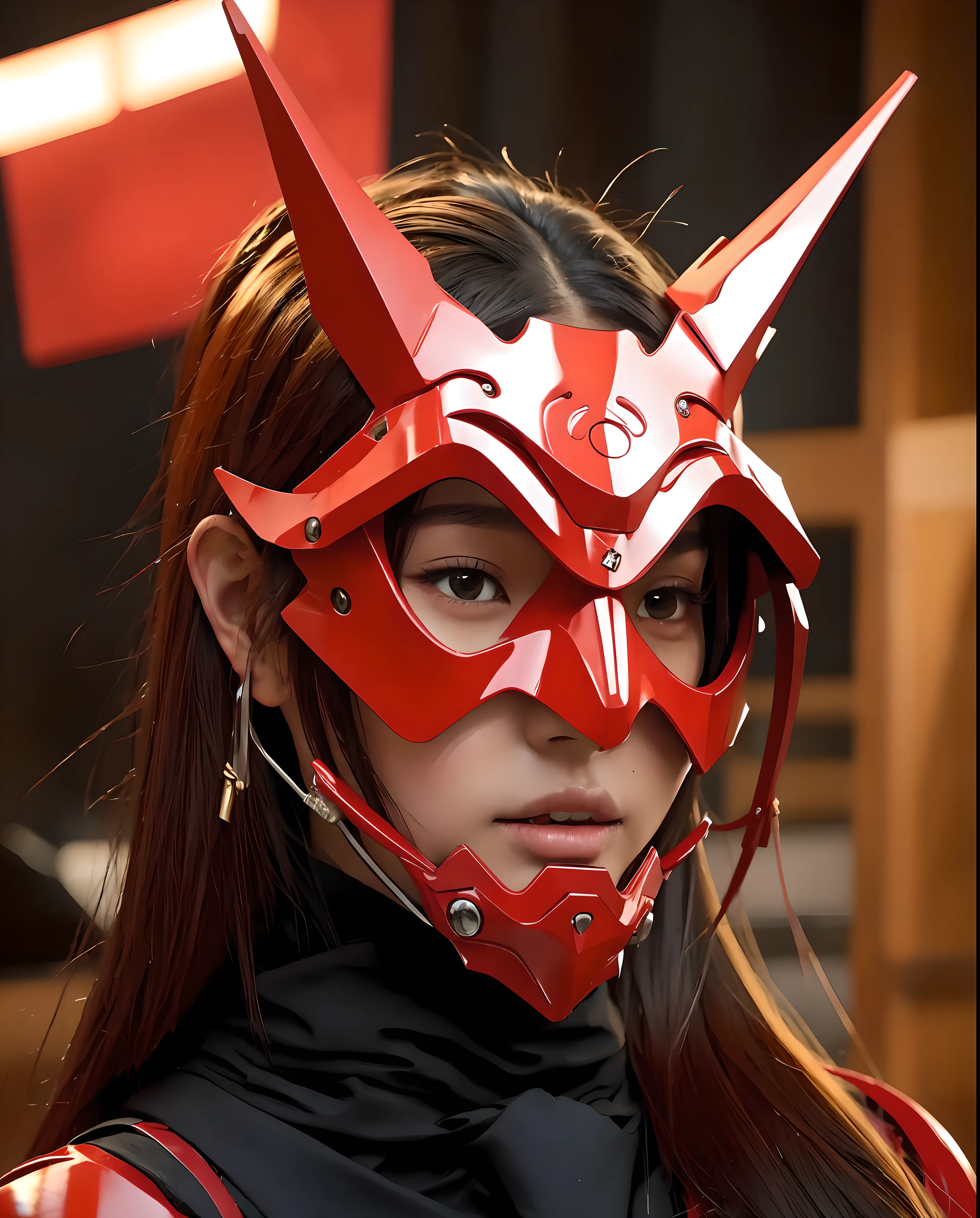 1 japanese girl , red oni mask, japanese oni mask, horn, beautifull, demon mask,  Katana, silver long hair, night, dark, dim light  cyberpunk , eye shield, glowing eyes, glowing armor,  Torii, , glossy, shinny, cyberpunk mask, mecha mask, demon, futuristic cyberpunk, analog photo, 3d realistic, stuning potrait, (extremely detailed CG unity 8k wallpaper), of the most beautiful artwork in the world, professional photography, trending on ArtStation, trending on CGSociety, Intricate, High Detail, Sharp focus, dramatic, photorealistic, cyberpunk, futuristic, pale skin, slim body, (high detailed skin:1.2), 8k uhd, dslr, soft lighting, high quality, film grain, Fujifilm XT3