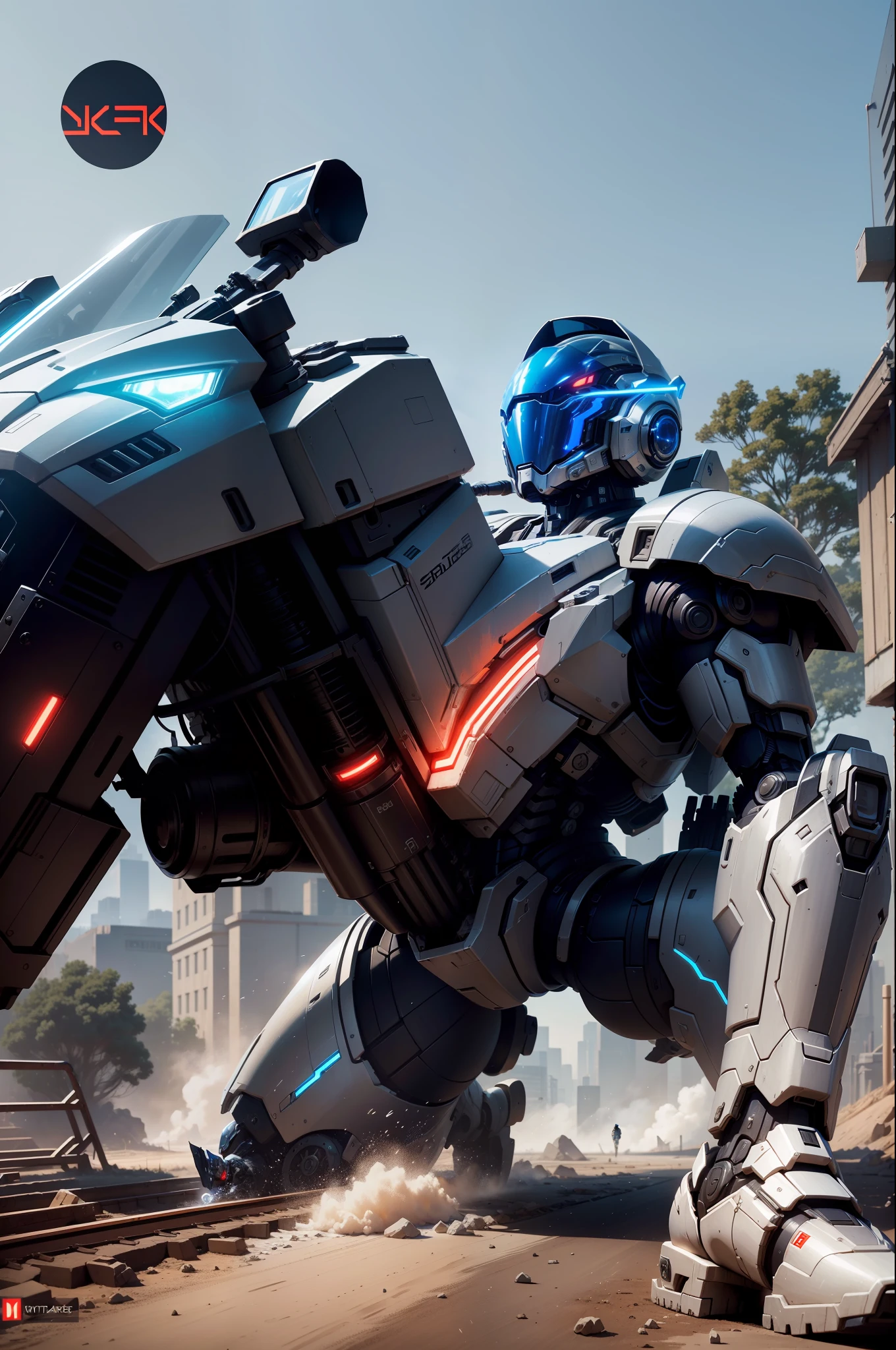 (Masterpiece: 1.2), Best Quality, High Score Rate, Uniform 8k Wallpaper, (Illustration: 1.0), Beautiful Detailed, Very Detailed, Perfect Lighting, Very Detailed CG, Glow Eyes, Backlight, Armor, Half-Body Mech, Shorts, 1boy, Leg Tattoo, Warframe, Humanoid Robot, Helmet, Sample Background, Weapon, blue_armor, Looking at the Audience, Solo, Perspective, Red Locomotive, White Clothes, blue light, black helmet, blue light, cyberpunk, robotic arm, mecha, metal,