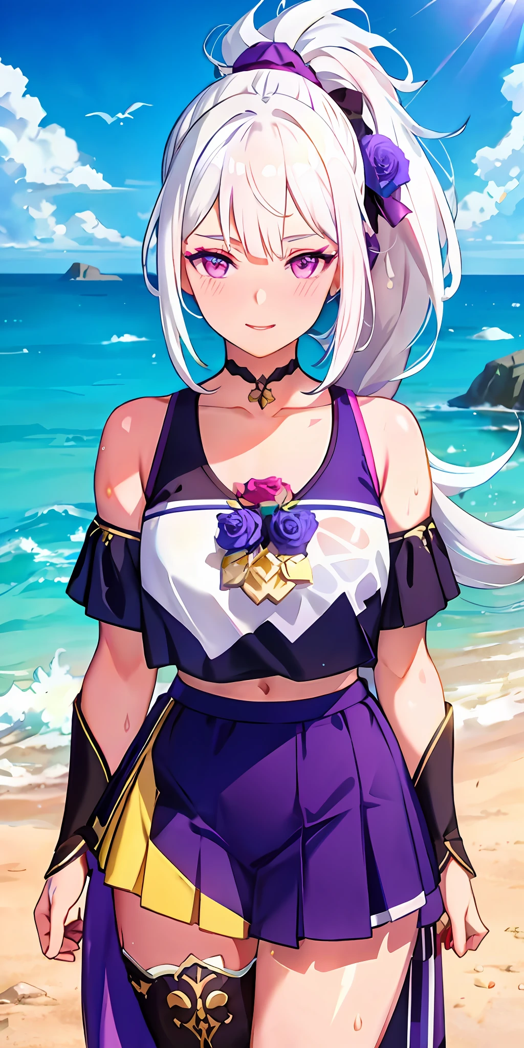 realistic, 1girl, ponytail, parted lips, blush, makeup, light smile, white hair, sportswear, skirt, wet clothes, glow, thighs, purple eye, bare shoulders, collarbone, narrow waist, sunbeam, sunlight, rose, wind, cleavage, (masterpiece), sweat,