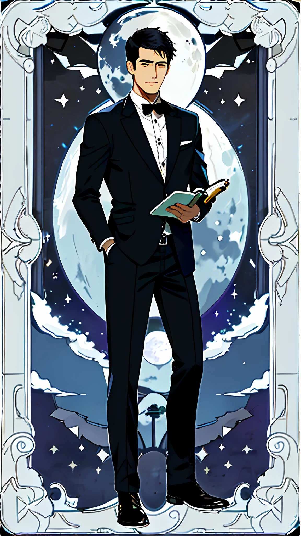 masterpiece, best quality, full body, card, 1 man, the moon, calm, clever, short hair, black hair,  brush cut, standing, blue, night sky, purple, book, pen, buzz cut, black suit, royal, gentle, man, center, best pose, technology, high-tech, western, American, silver, business man, professor