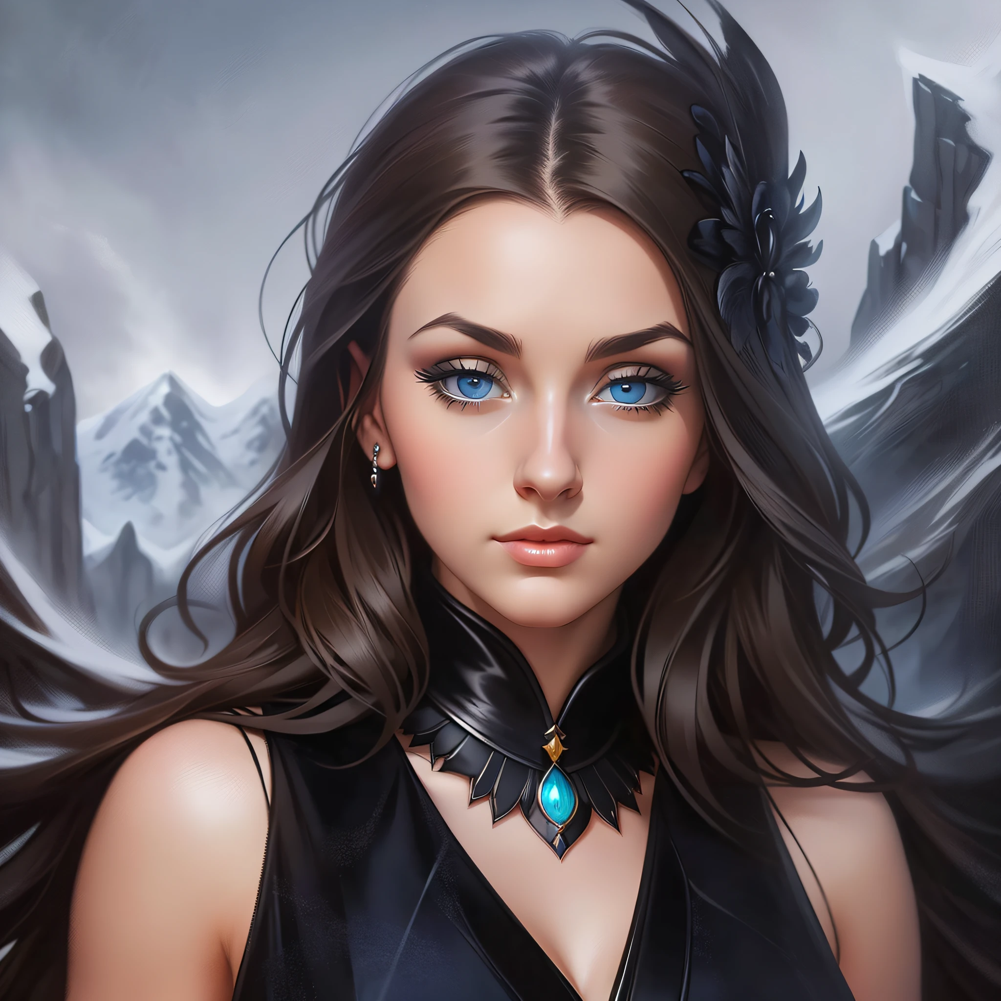 dark, feathered, elegant, highly detailed, realistic, big eyes, digital painting, art station, concept art, smooth, soft gaze, art of John Collier and Albert Obright and Krenz Kusart and Artem Demula, busty figure, busty body, black hair, blue eyes, simple bandeau, simple kimono, snowy mountains --auto --s2