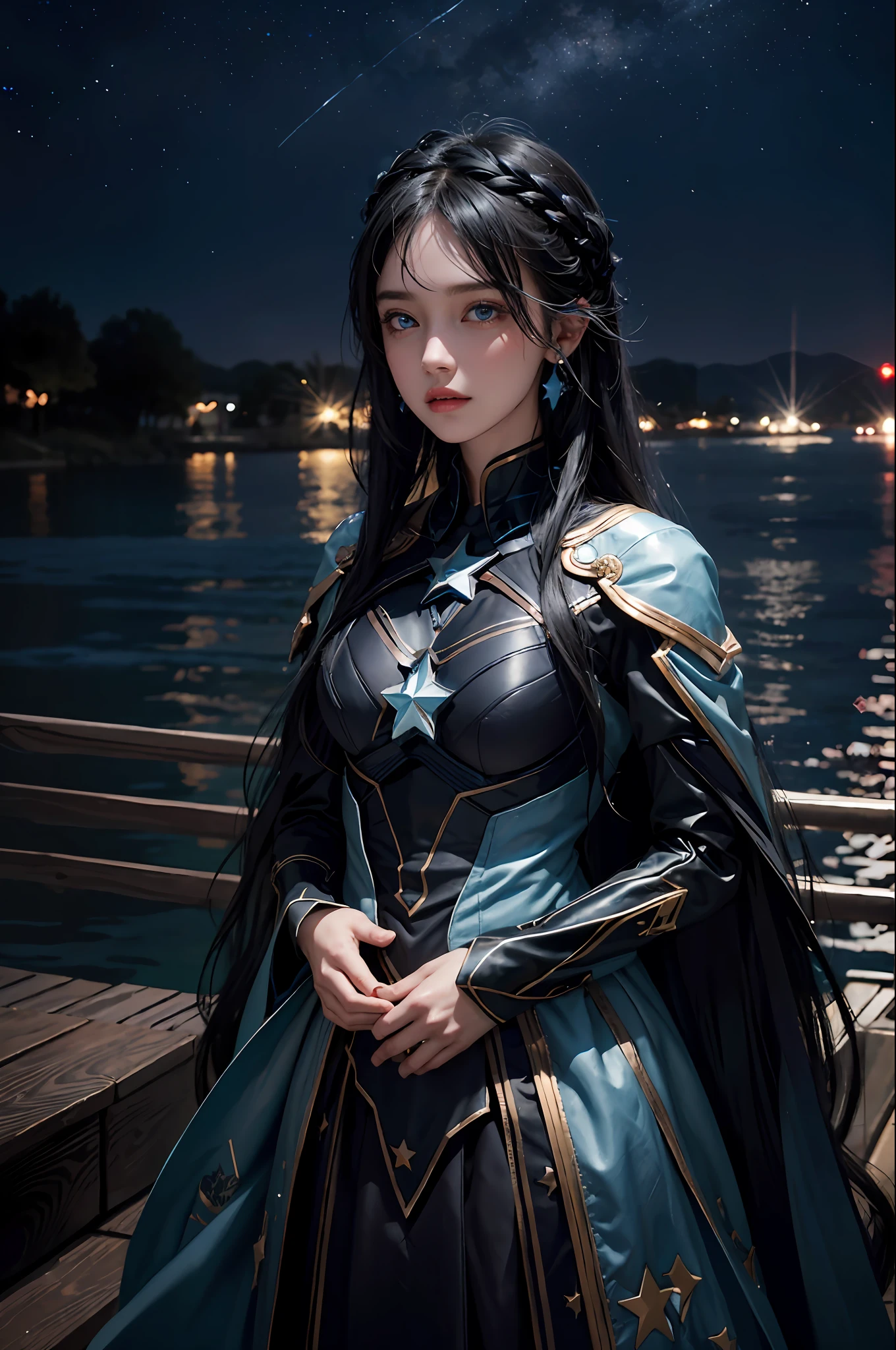 Blue starry sky, black long-haired girl, cute, bright blue eyes, holding stars, dark colors, brilliant starry rivers, water, hazy beauty, confusion, dark, detail portrayal, light and shadow portrayal, artificial intelligence, science fiction, earrings