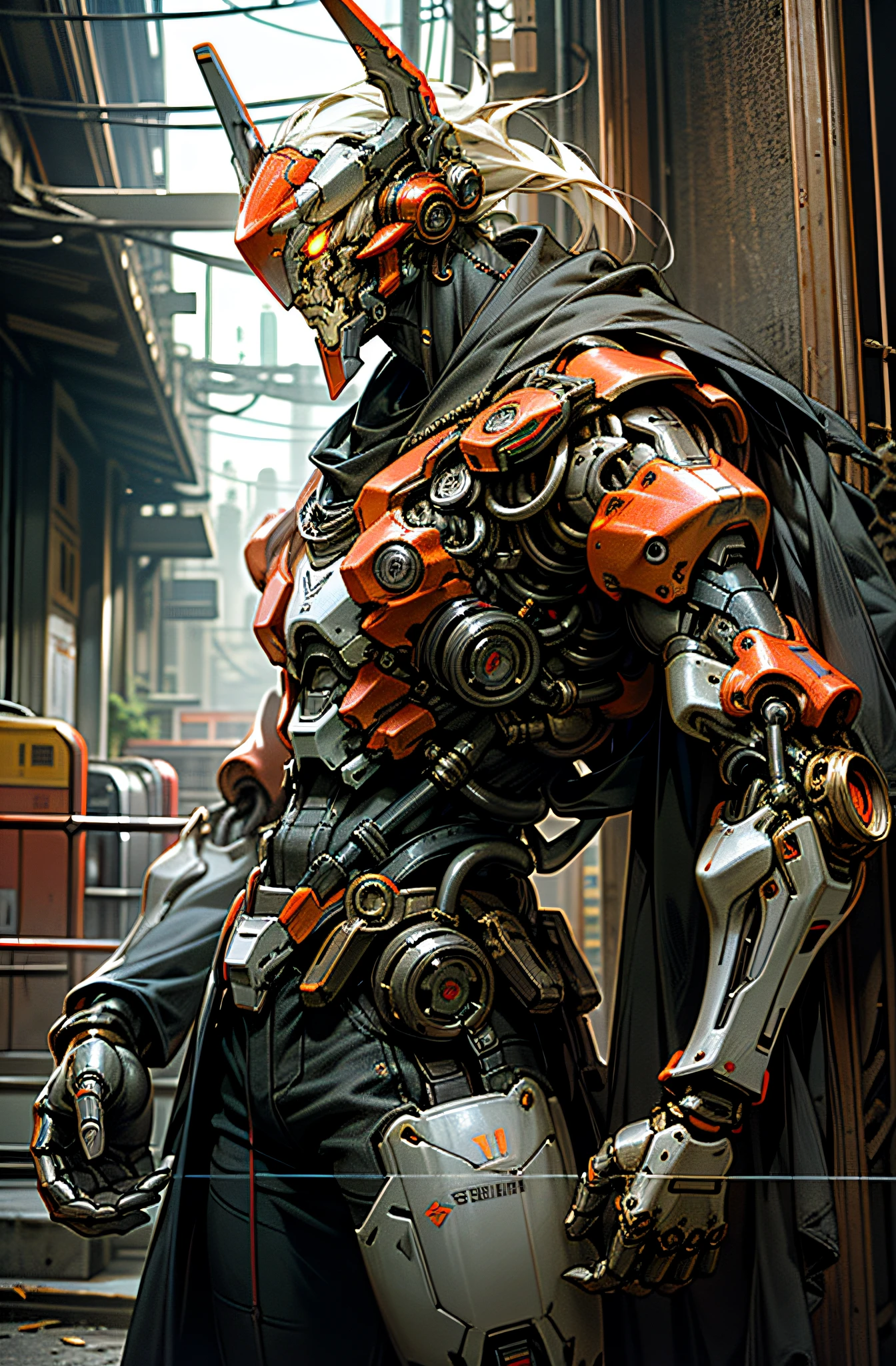 Dark_Fantasy, Cyberpunk, (chain saw, chain saw man, Red: 1.1), 1man, Mechanical marvel, Robotic presence, Cybernetic guardian, wearing shabby mech suits, intricate, (steel metal [rusty]), elegant, clear focus, photographed by Greg Rutkowski, Soft lighting, bright colors, masterpieces, ((street)), cowboy shooting, dynamic poses, armored warriors