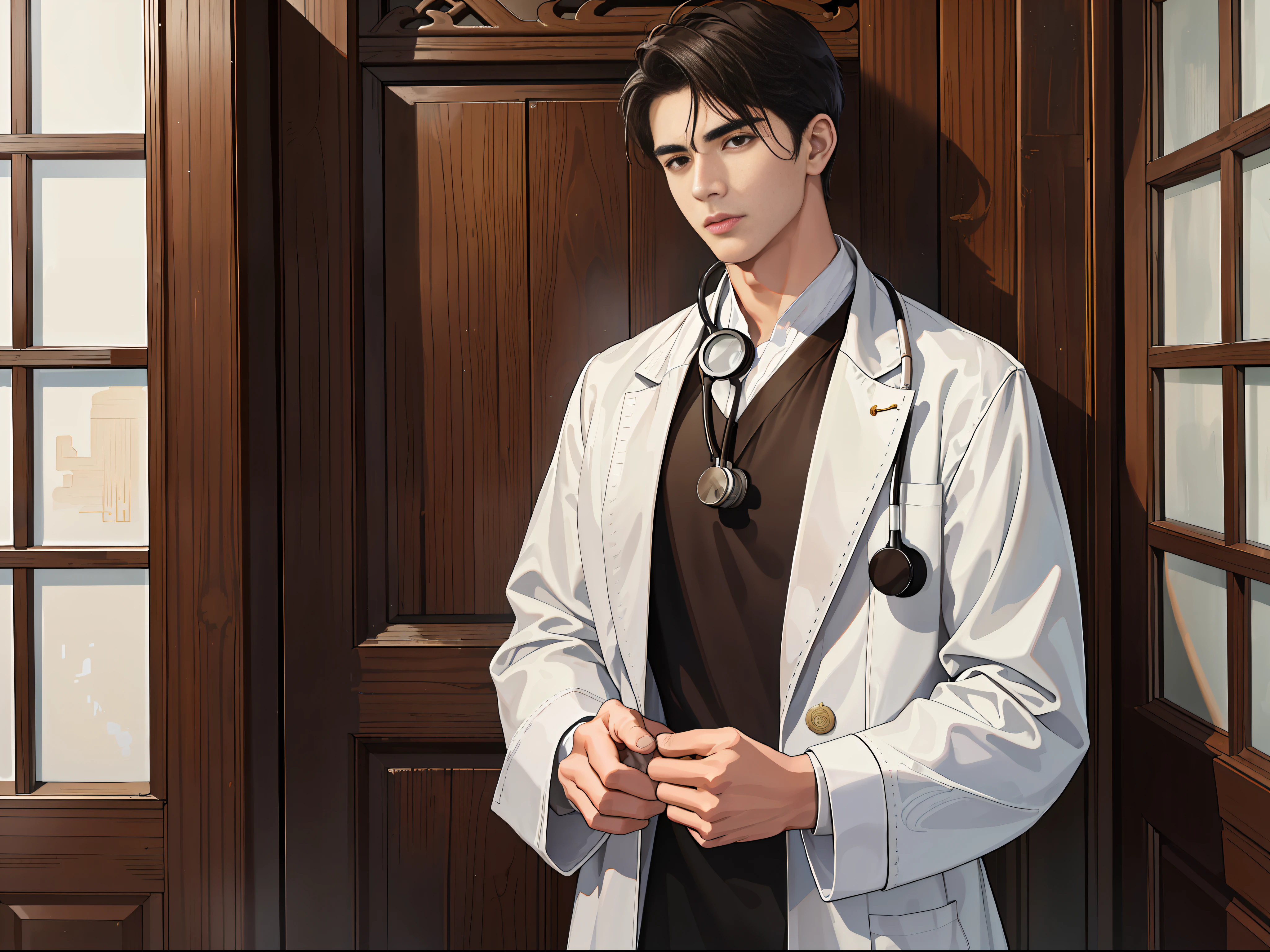 (ridiculous, high resolution, super detailed, realistic,), 1 male, soloist, 20 years old, coming out of the house, stethoscope around his neck, tired, tall, extremely short hair, black hair, brown eyes, thick eyebrows, vintage wooden doors, doctor, white robe, white coat, room, ancient Chinese decoration style building