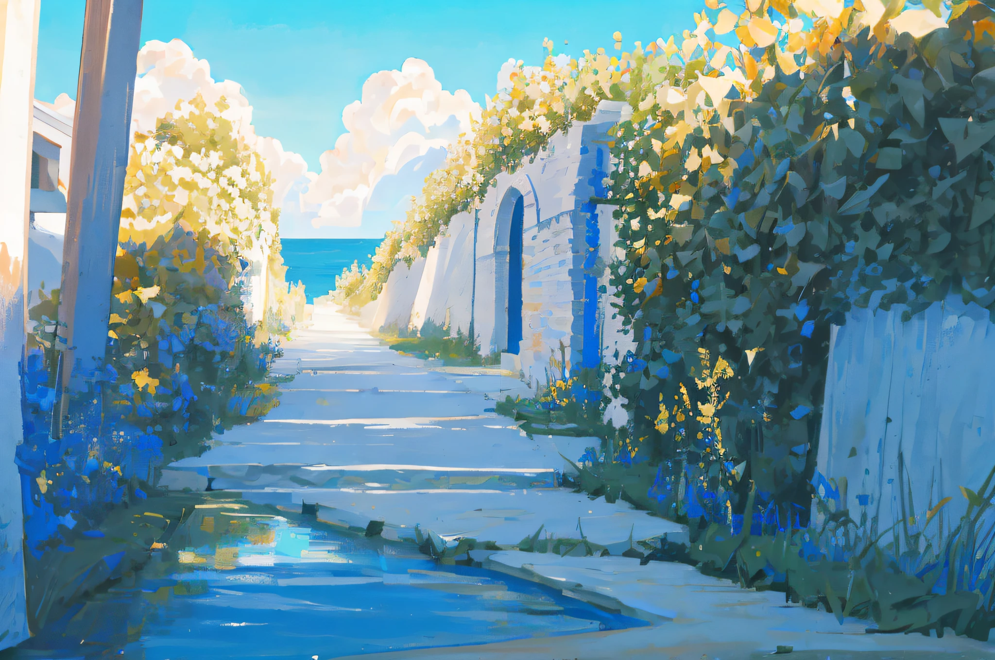 no humans, scenery, vanishing point, from below, masterpiece, best quality, 8k, absurdres, water surface, summer, noon, sunlight, blue sky, perspective, depth of field, highres, finely detail, ultra-detailed, sharp focus