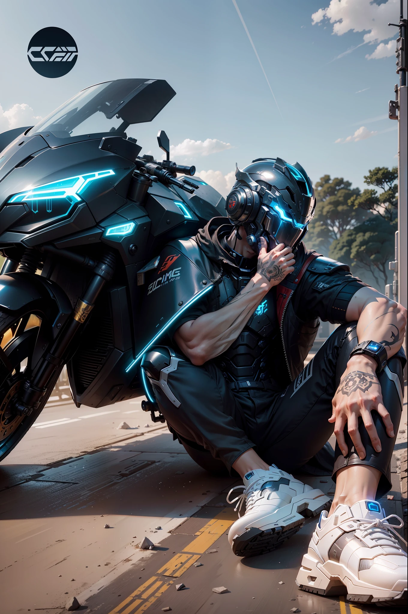 (Masterpiece: 1.2), Best Quality, High Score Rate, Uniform 8k Wallpaper, (Illustration: 1.0), Beautiful Detailed, Very Detailed, Perfect Lighting, Very Detailed CG, Glow Eyes, Backlight, Armor, Half-Body Mech, Shorts, 1boy, Leg Tattoo, Warframe, Humanoid Robot, Helmet, Sample Background, Weapon, blue_armor, Looking at the Audience, Solo, Perspective, Red Locomotive, White Clothes, blue light, black helmet, blue light, cyberpunk,