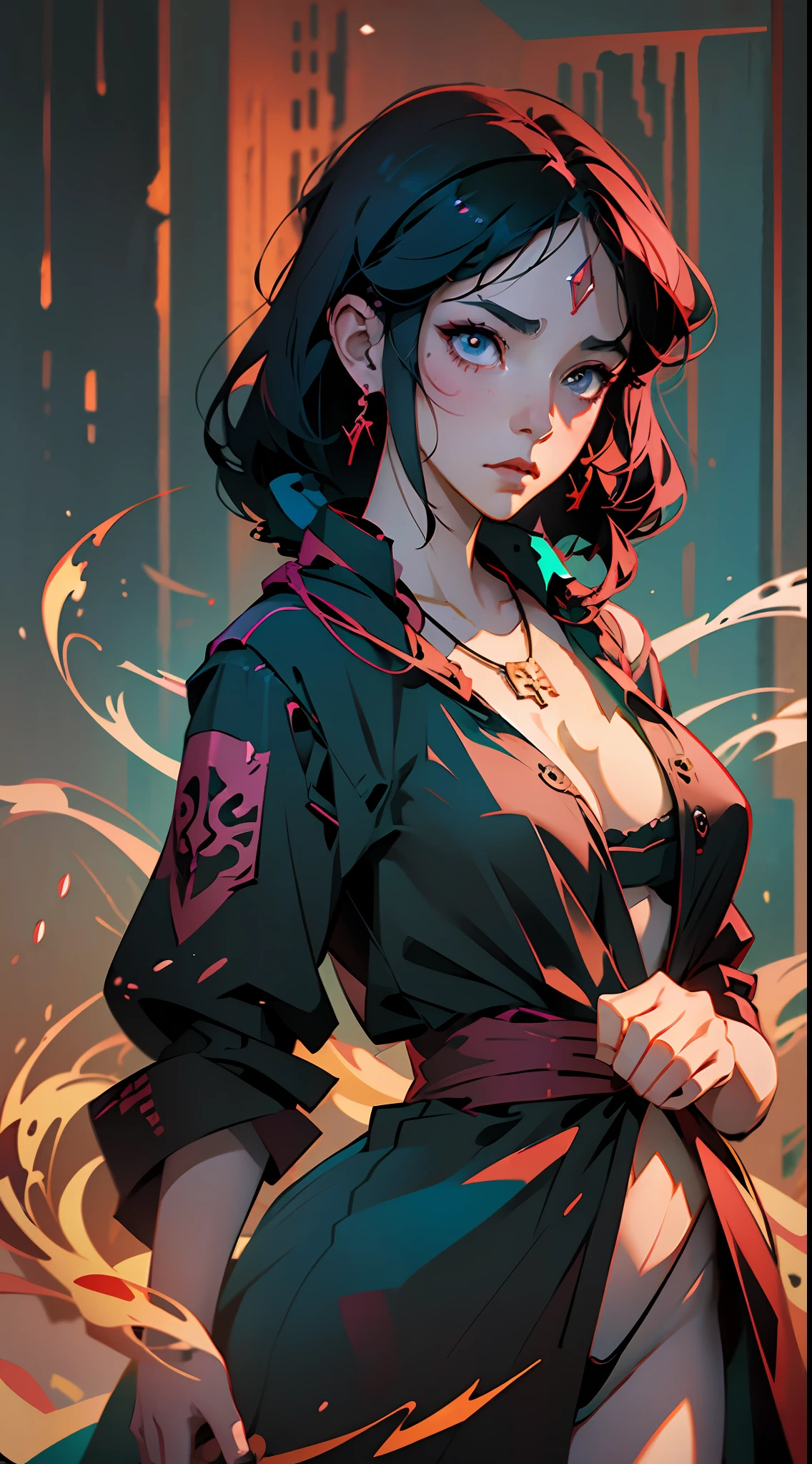 anime girl with black hair and necklace standing in front of a fire, artwork in the style of guweiz, guweiz, anime style 4 k, inspired by Yanjun Cheng, by Yang J, detailed digital anime art, anime styled digital art, a beautiful artwork illustration, digital anime illustration, digital anime art, guweiz on artstation pixiv