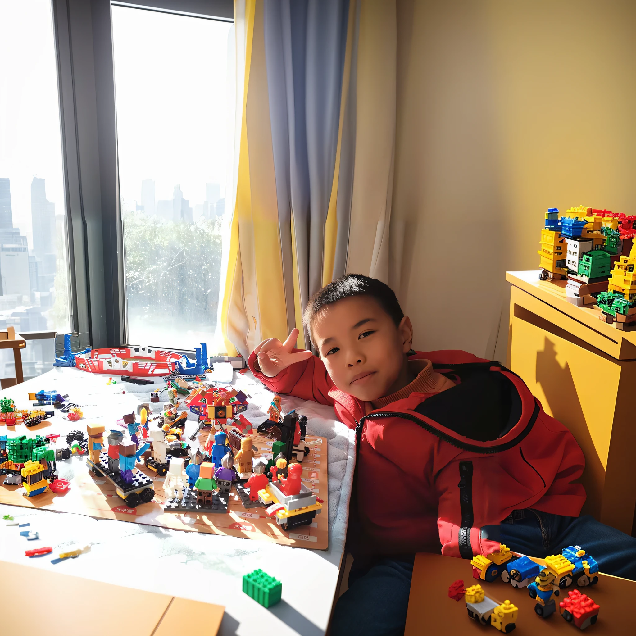 boy sitting at a table with a bunch of legos on it, lego set, lego city, ruan jia beautiful!, captured on iphone, myself, lego, inspired by Liang Kai, bright sunny day, captured with sony a3 camera, inspired by Li Keran, lego style, broken toys are scattered around, shot with iphone 1 0, ryan jia, kid