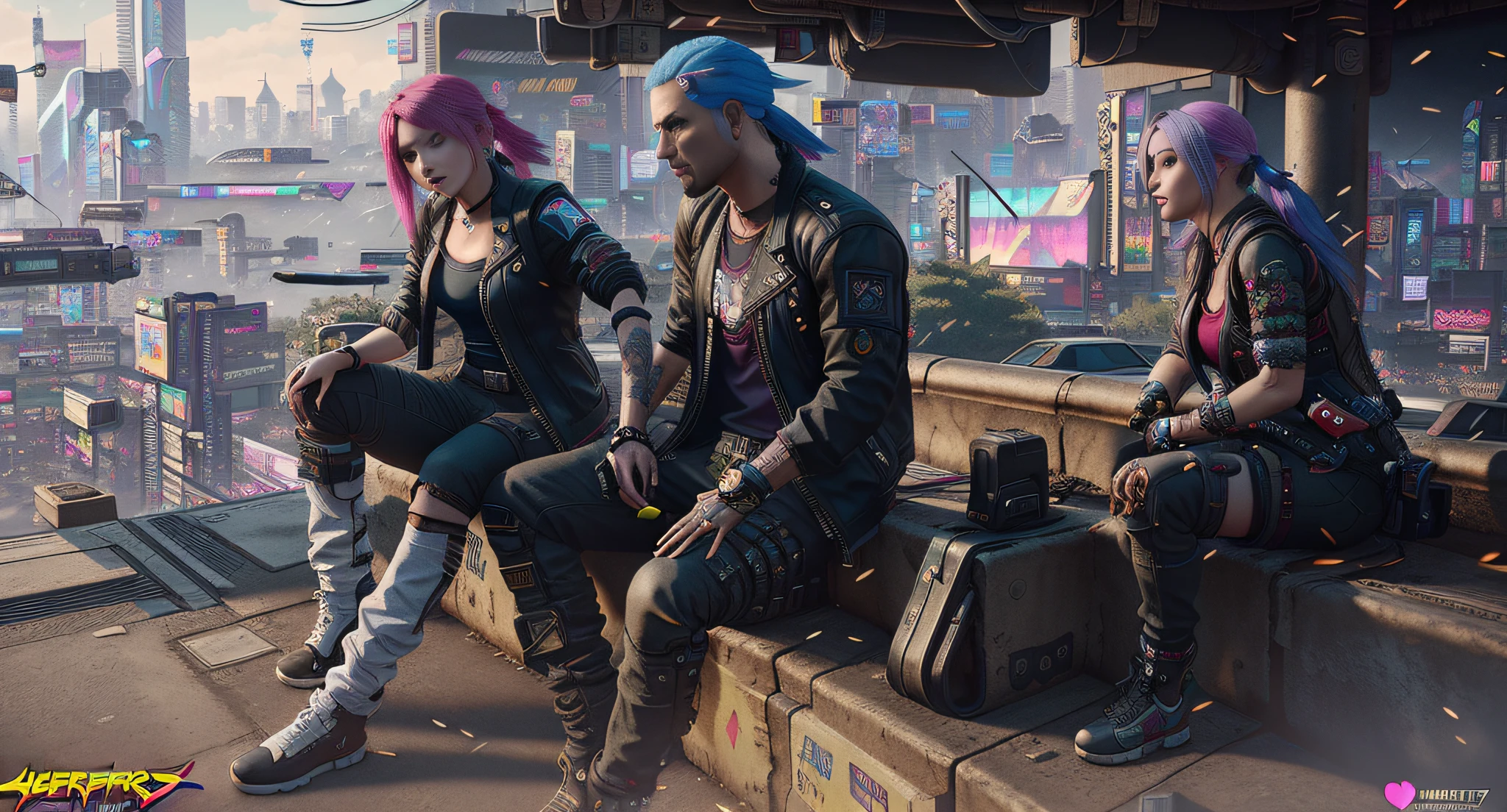 anime scene of a man and woman sitting on a wall, cyberpunk 2077”, cyberpunk art 2077, cyberpunk 2 0 7 7 character art, (cyberpunk 2077), ( cyberpunk 2 0 7 7, cyberpunk 2077), cyberpunk 2 0 7 7 ), cyberpunk”, cyberpunk ”, in cyberpunk 2 0 7 7 cp 2 0 7 7