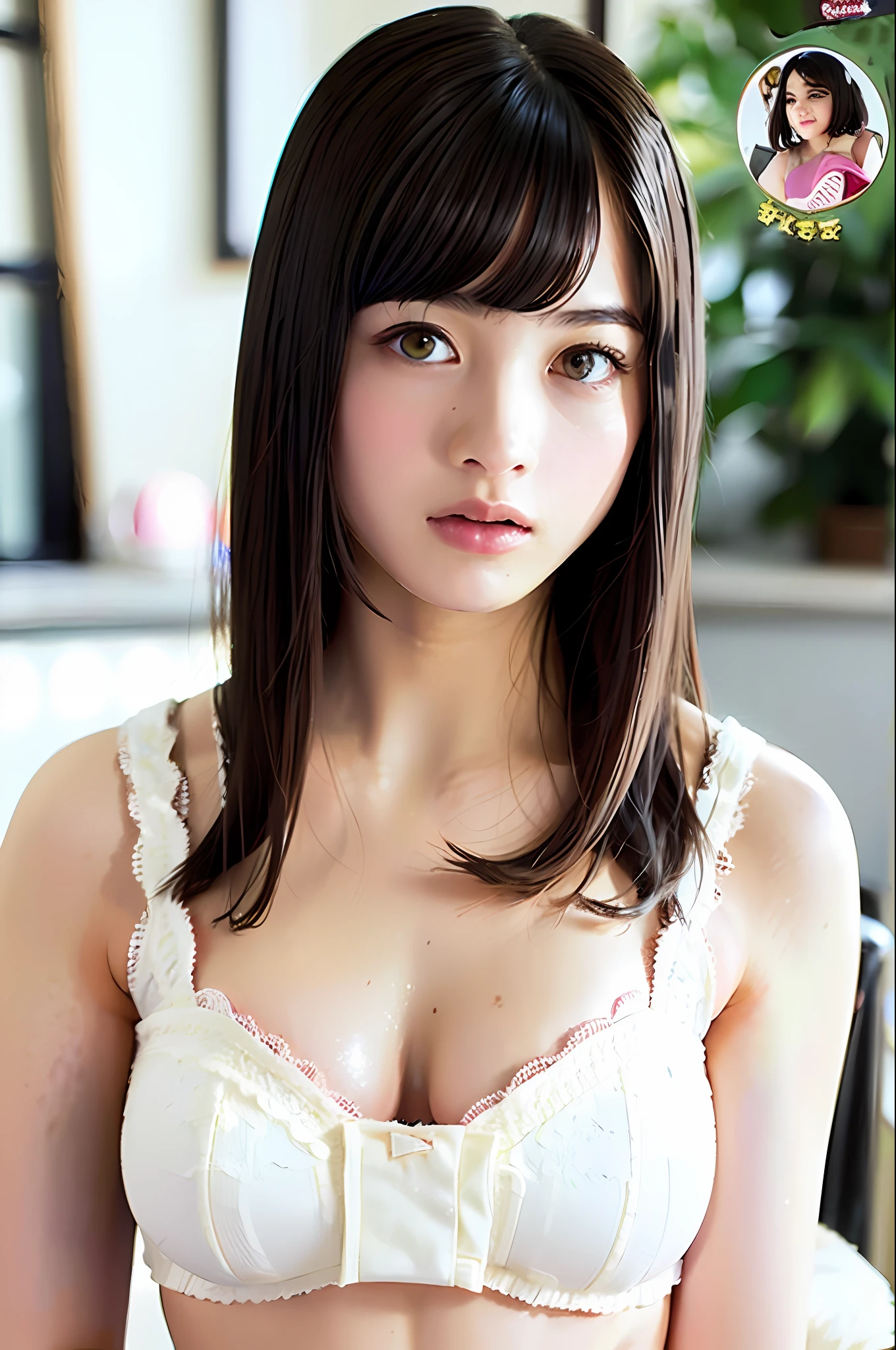 ((top quality, 8K, masterpiece: 1.3)), sensual woman, one girl, (constricted, slender physique: 1.2), dark brown hair, short hair, painted from head to toe, standing, black topless bra, black open clutch shorts, exposure, bed, ultra-detailed face, detailed lips, detailed eyes, detailed breasts, big, double eyelids, racy underwear, pimp-like underwear, pimp-like bra, pimp-like panties, large areola protruding from underwear, wet panties, erotic underwear, sexy, cleavage, pubic hair protruding from underwear, very fine face and skin texture, hammy breasts, lower breasts, hiding chest protrusions with fingers