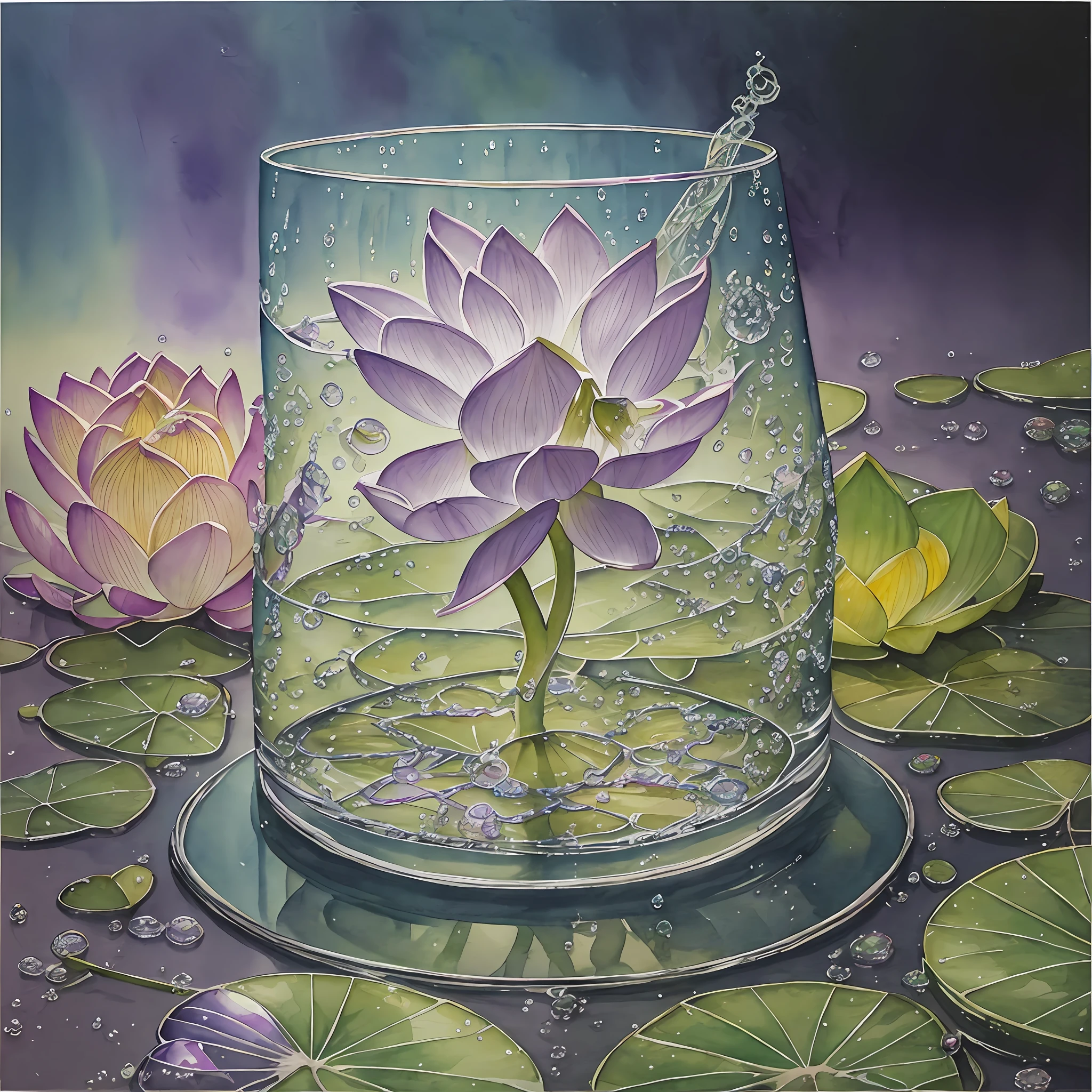 Watercolor drawing, realistic fantasy, Extensive landscape ultrasound photography (general view showing glass glass, roots braiding the glass, lotus, dew, air bubbles), blurred background, gloomy, yellow, green, purple background, pink, warm, magic, "Hyper-realistic textures," "Precise details," "Realistic still life," "Realistic portraits," "Realistic landscapes." --auto --s2