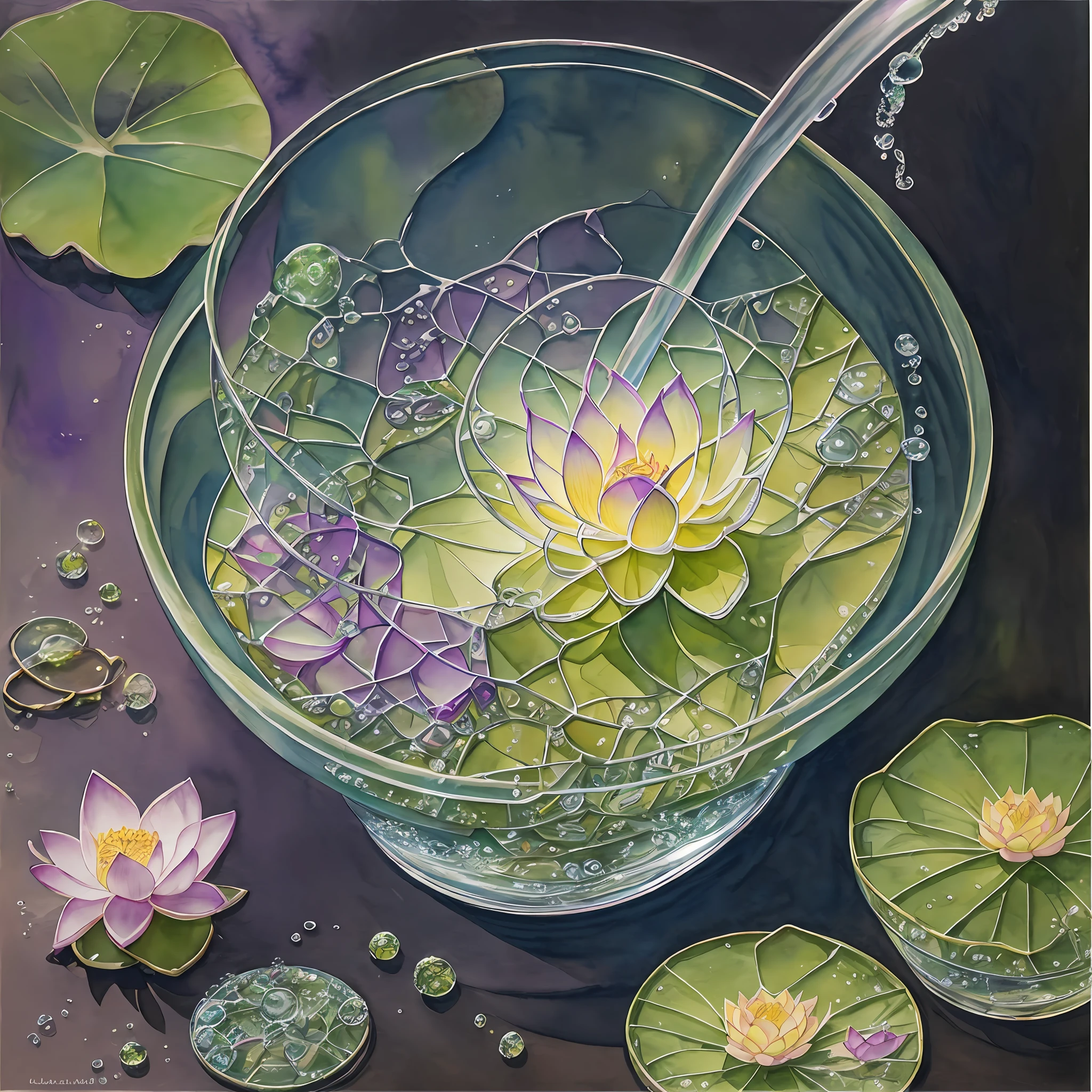 Watercolor drawing, realistic fantasy, Extensive landscape ultrasound photography (general view showing glass glass, roots braiding the glass, lotus, dew, air bubbles), blurred background, gloomy, yellow, green, purple background, pink, warm, magic, "Hyper-realistic textures," "Precise details," "Realistic still life," "Realistic portraits," "Realistic landscapes." --auto --s2