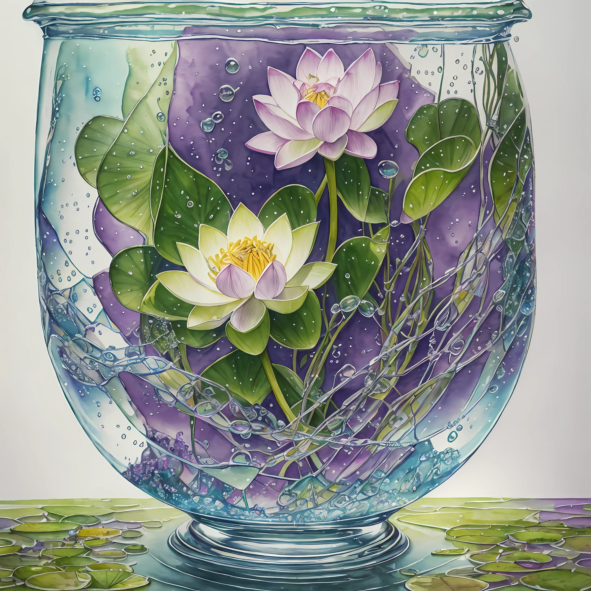 Watercolor drawing, realistic fantasy, Extensive landscape ultrasound photography (general view showing glass glass, roots braiding the glass, lotus, dew, air bubbles), blurred background, gloomy, yellow, green, purple background, pink, warm, magic, "Hyper-realistic textures," "Precise details," "Realistic still life," "Realistic portraits," "Realistic landscapes." --auto --s2