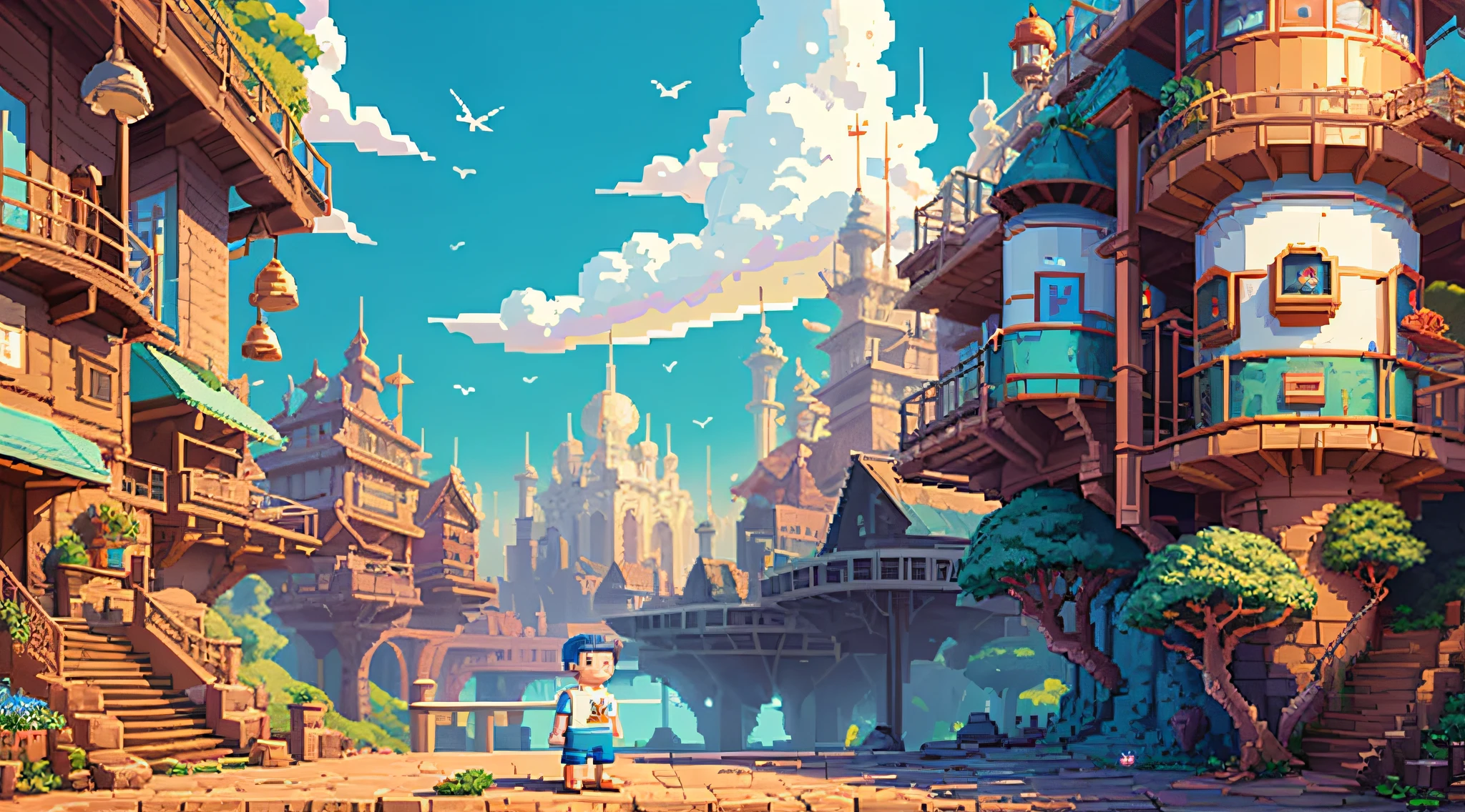 Pixel art, solid color clean background, cute boy, white short sleeves, blue shorts, (panorama: 1.2), standing, smiling