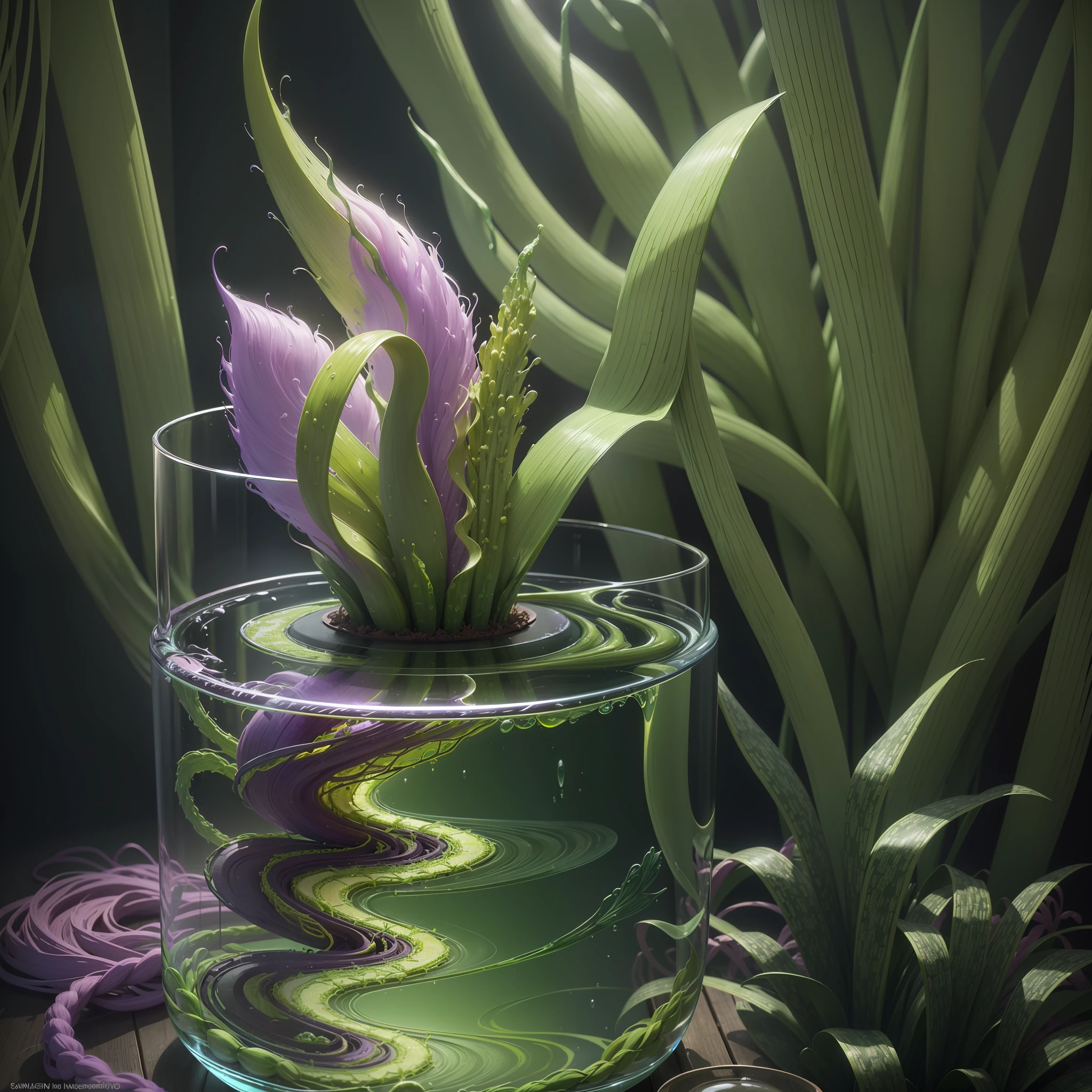 Computer Visualized Graphics, Realistic Fantasy, Extensive Landscape Ultrasound Photography (general view showing glass glass, roots braiding the glass, sansevieria ), blurred background, gloomy, yellow, green, purple background, pink, warm, magic, "Hyper-realistic textures," "Precise details," "Realistic still life," "Realistic portraits," "Realistic landscapes."