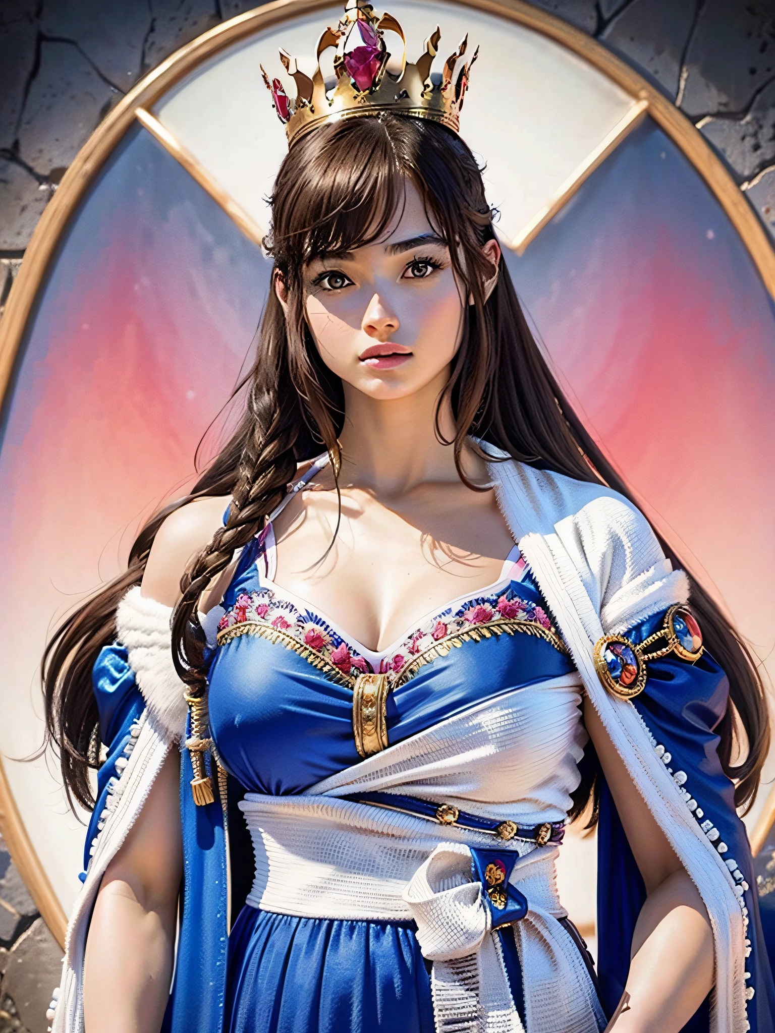 (masterpiece, top quality, highest quality, official art, beautiful and aesthetic: 1.2), ultra-detailed complex 3D rendering of face, various poses, ((Huge breasts: 2.4)), (exposure: 1.1), blue micro bikini, , Perfect figure: 1.4, Slim abs: 1.1, (1 girl), pink cape lined with fur, detailed crown decorated with precious stones: 2.2), serious, cleavage, Brown hair, white skin, strong detailed weapons
