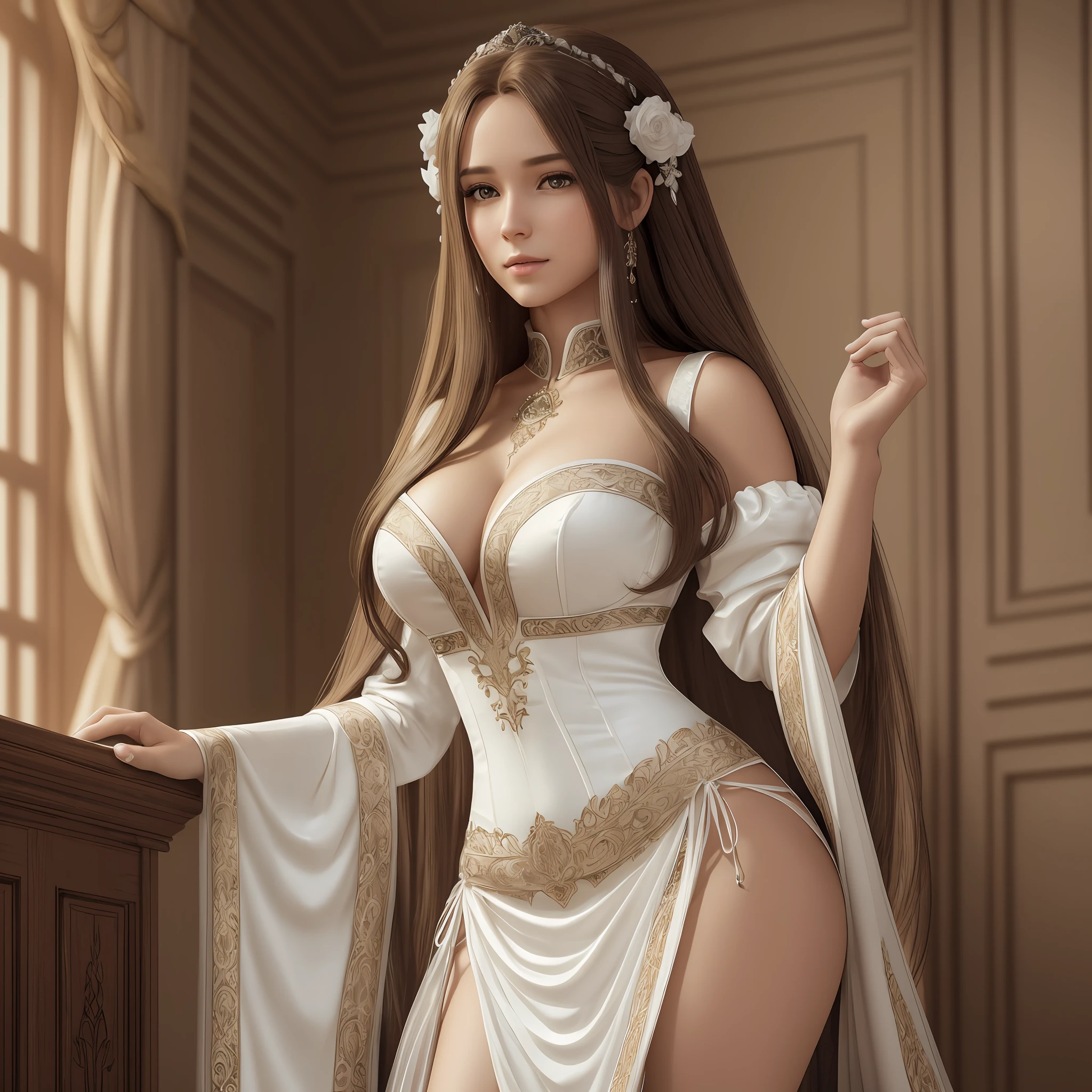 . Beautiful woman with very long hair. Light brown hair. (BIG TITS :1.4), narrow waist. Dressed as a maiden in black and white clothes. Standing in a lounge.  Photorealistic, hyperdetailed, high quality, 8k --auto --s2