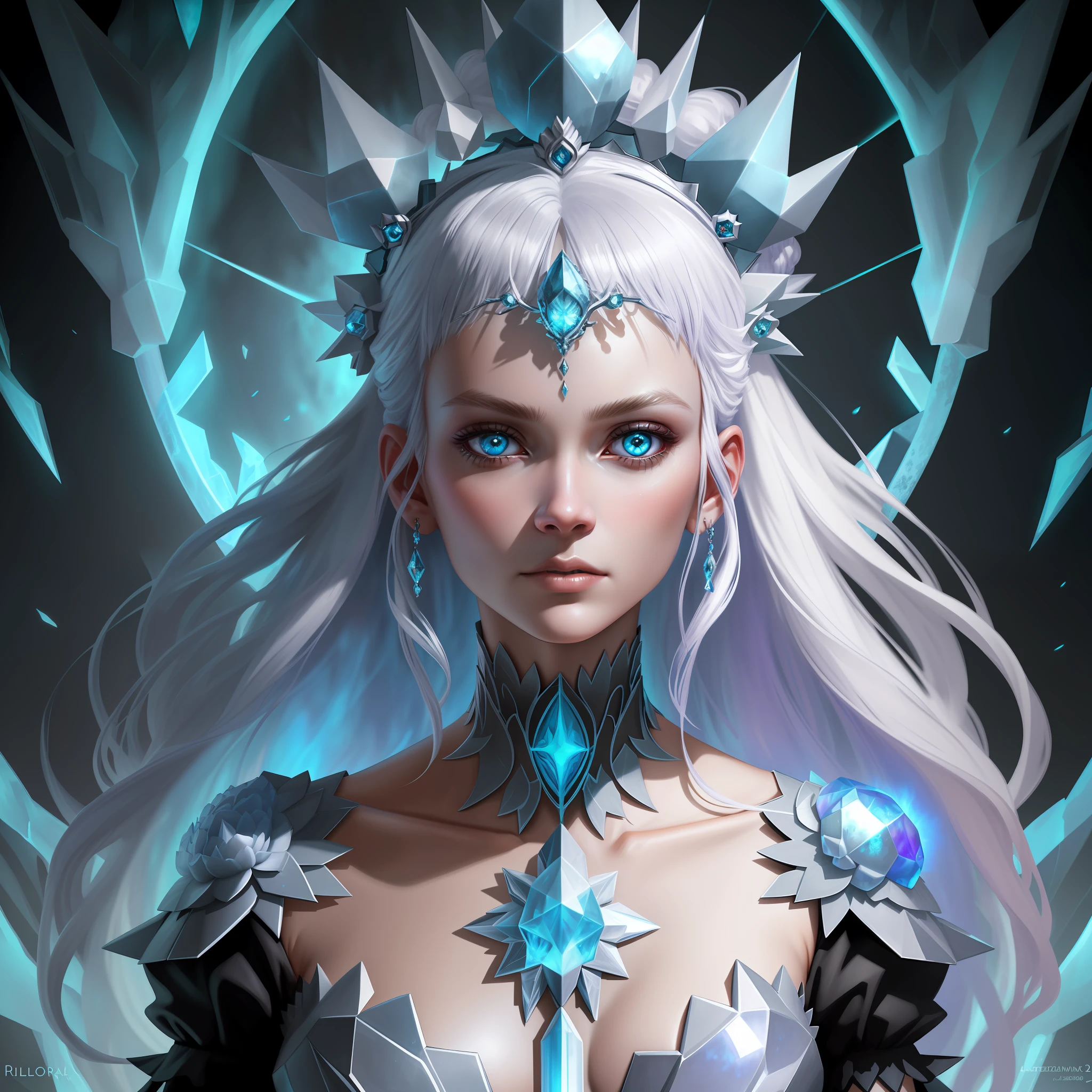 Woman with platinum hair, in a dress of ice flowers, a beautiful crown on her head, detailed face, detailed skin, front, background frozen forest, cover, unzoom, choker, hyperdetailed painting, luminism, Bar lighting, complex, 4k resolution concept art portrait by Greg Rutkowski, Artgerm, WLOP, Alphonse Mucha, little fusion pojatti realistic goth, fractal isometrics details bioluminescens : a stunning realistic photograph 30 years