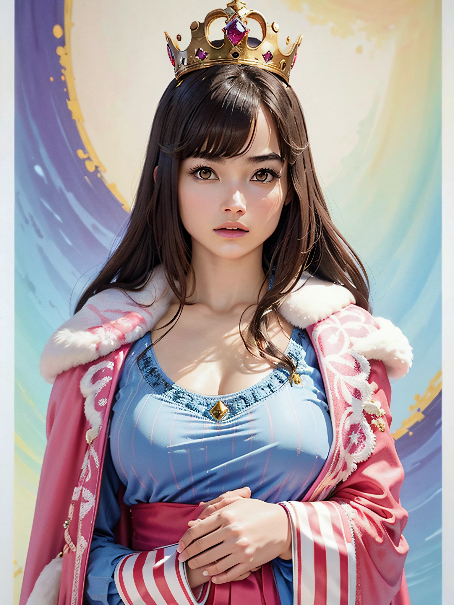 (masterpiece, top quality, highest quality, official art, beautiful and aesthetic: 1.2), ultra-detailed complex 3D rendering of face, various poses, ((Huge breasts: 2.4)), (exposure: 1.1), blue micro bikini, , Perfect figure: 1.4, Slim abs: 1.1, (1 girl), pink cape lined with fur, detailed crown decorated with precious stones: 2.2), serious, cleavage, Brown hair, white skin, strong detailed weapons