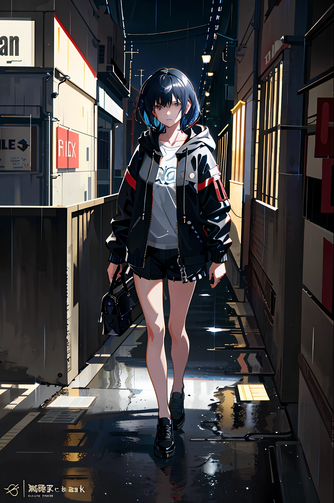1girl, jacket, rain, outdoor, hoodie, open jacket, chain, backpack, looking at another, messy hair, trending on artstation, 8k resolution, highly detailed, anatomically correct, sharp image, digital painting, concept art, trending on pixiv, style of makoto shinkai,