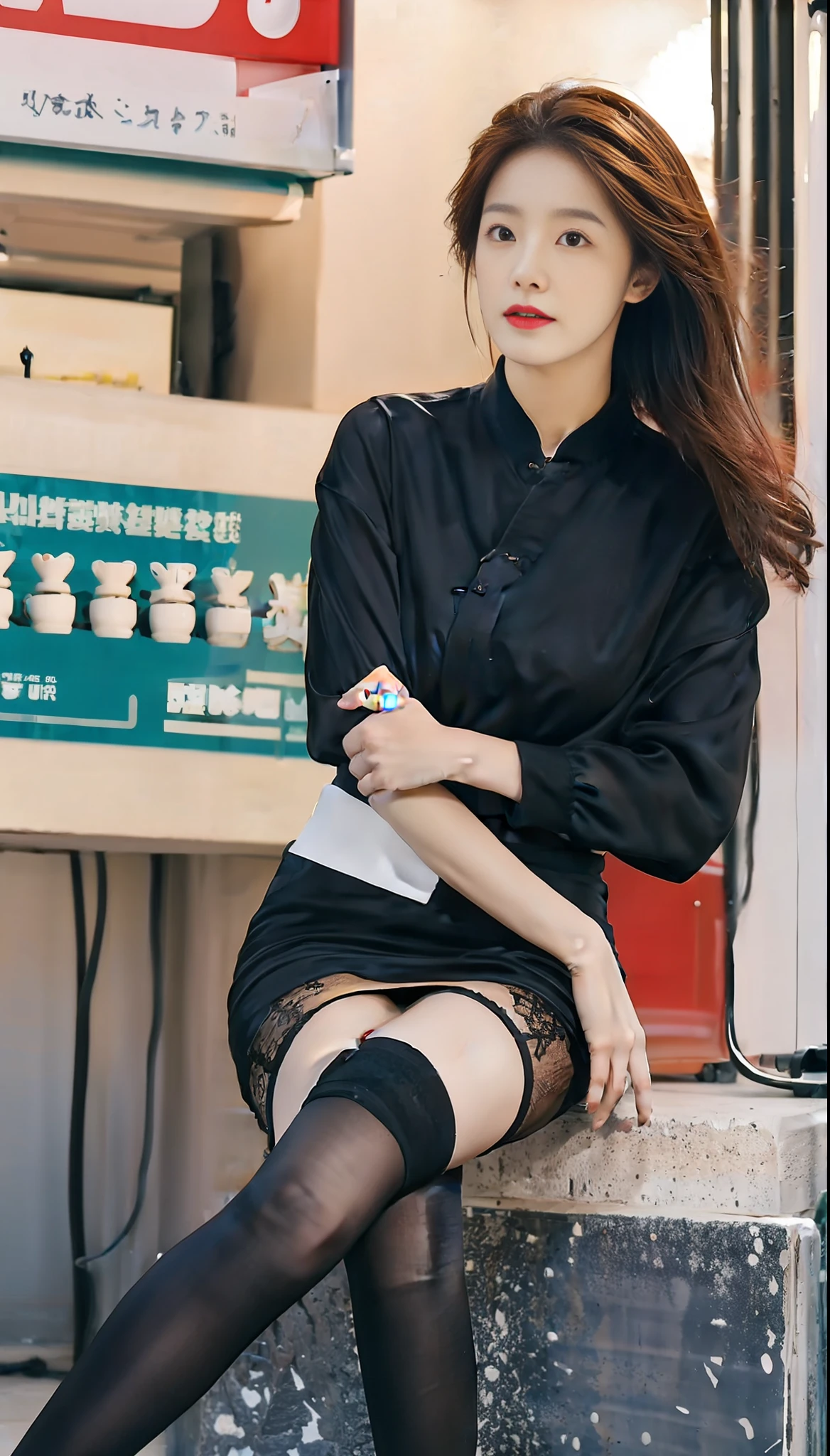 ((Realistic lighting, best quality, masterpiece: 1.3)), 1girl, perfect body beauty, like Liu Yifei, super fine face, porcelain skirt cheongsam, photography, Darwin light, city street, perfect body beauty: 1.4, slender abs: 1.1, ((dark brown hair)), (cheongsam: 2), temperament, super fine face, fine eyes, double eyelids, (over the knee black stockings: 1.5), full body photo: 2, full body photo