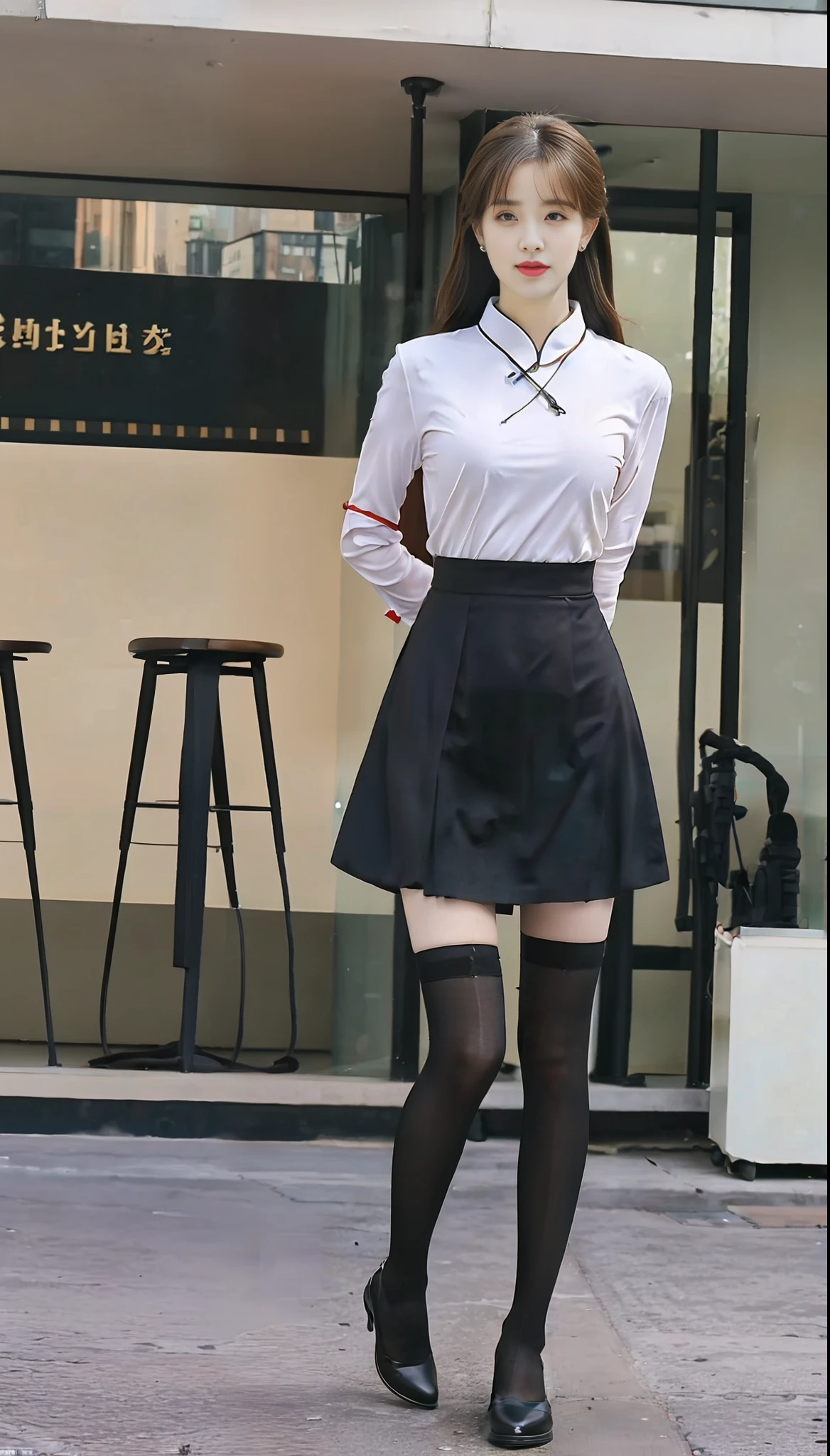((Realistic lighting, best quality, masterpiece: 1.3)), 1girl, perfect body beauty, like Liu Yifei, super fine face, porcelain skirt cheongsam, photography, Darwin light, city street, perfect body beauty: 1.4, slender abs: 1.1, ((dark brown hair)), (cheongsam: 2), temperament, super fine face, fine eyes, double eyelids, (over the knee black stockings: 1.5), full body photo: 2, full body photo
