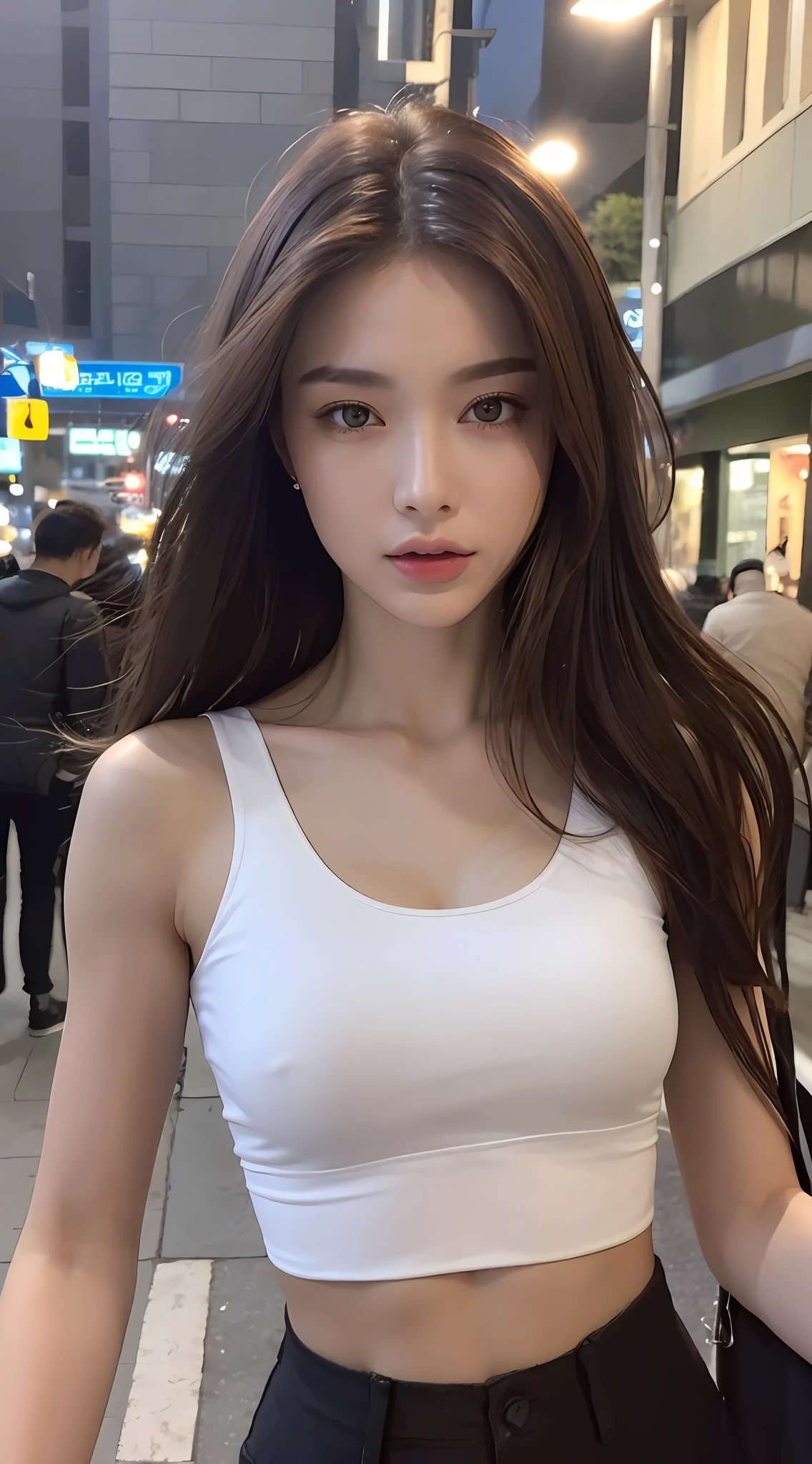 ((Realistic lighting, Best quality, 8K, Masterpiece: 1.3)), Clear focus: 1.2, 1girl, Perfect Figure: 1.4, Slim Abs: 1.1, ((Dark brown hair)), (White crop top: 1.4), (Outdoor, Night: 1.1), City streets, Super fine face, Fine eyes, Double eyelids,