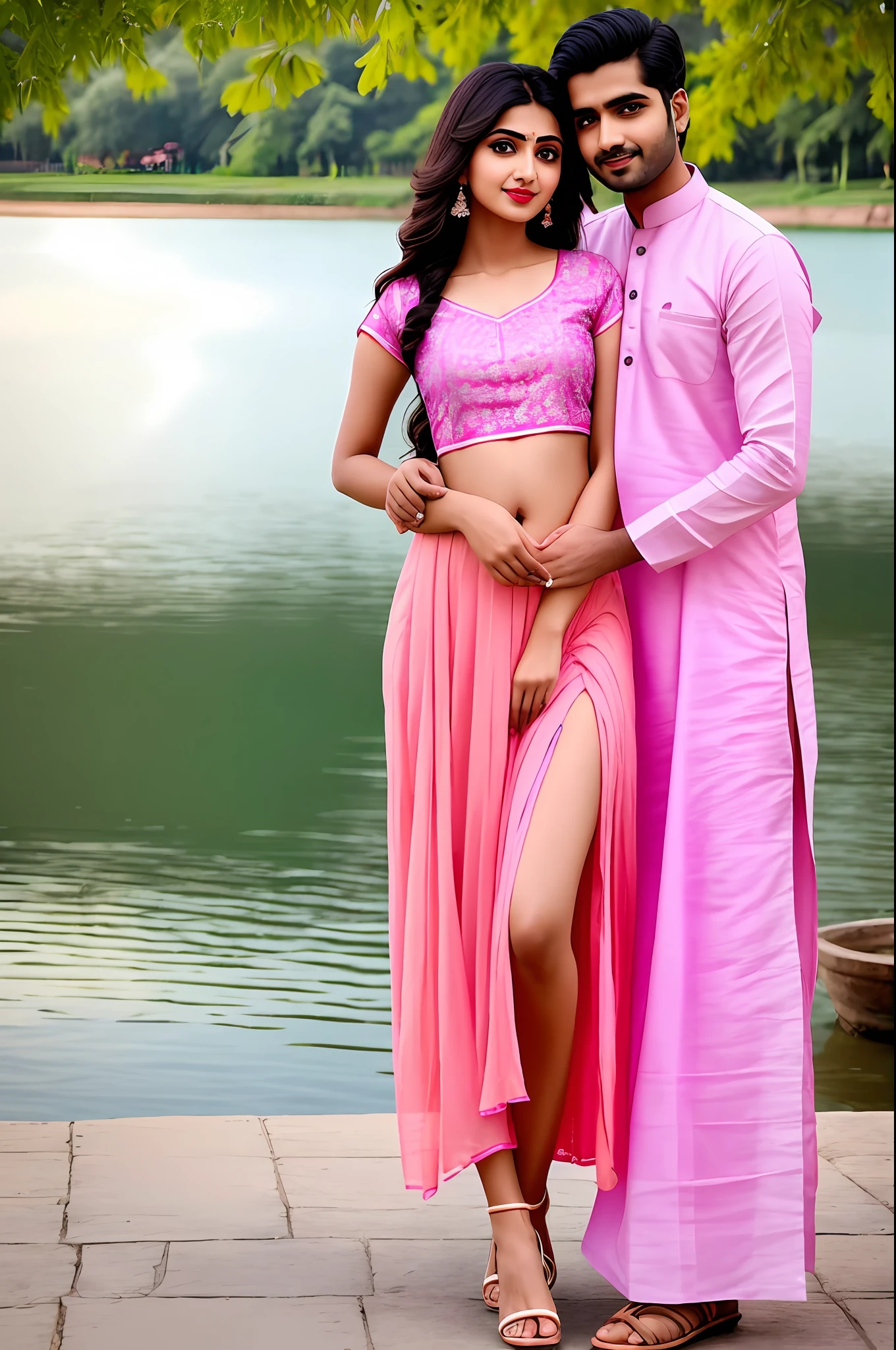 A man wear kurta touching Indian girl stomach with 1 Indian girl beautiful face with lipstick wear Indian light pink dress full body pose in front of camera realistic masterpiece image. Girl show stomach long leg. Sexy cauple. Lake side view