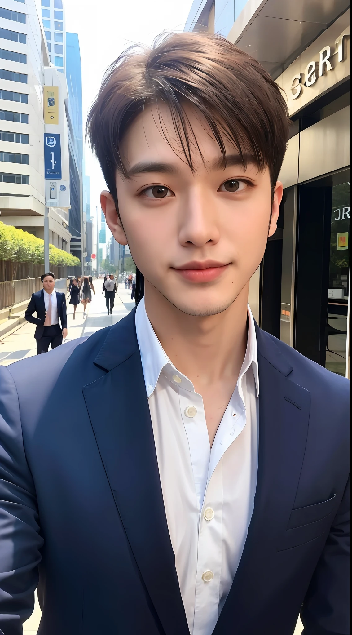 1boy, 26 years old Asian male, (male:1.5), big eyes, detailed eyes, fine face, (very short hair: 1.3), under_cut, ((shirt)), ((suit)), (handsome, sharp), smile,))), (stout muscular body), (stout physique), outdoors, detailed background, modern city, real image, empty street