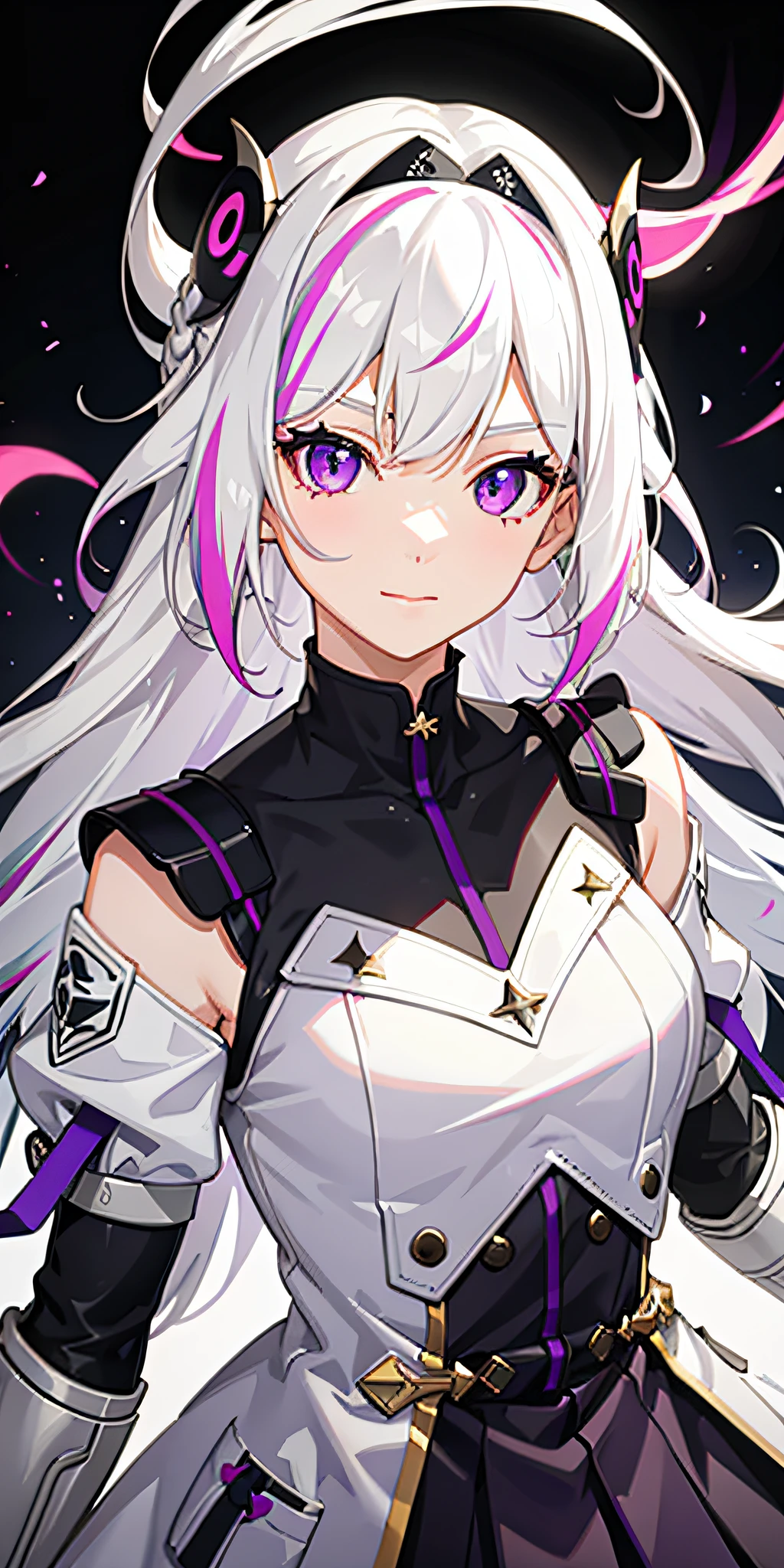 1girl, white hair, multicolored hair, purple eyes, mask on head, sidelighting, light particles, wallpaper,
