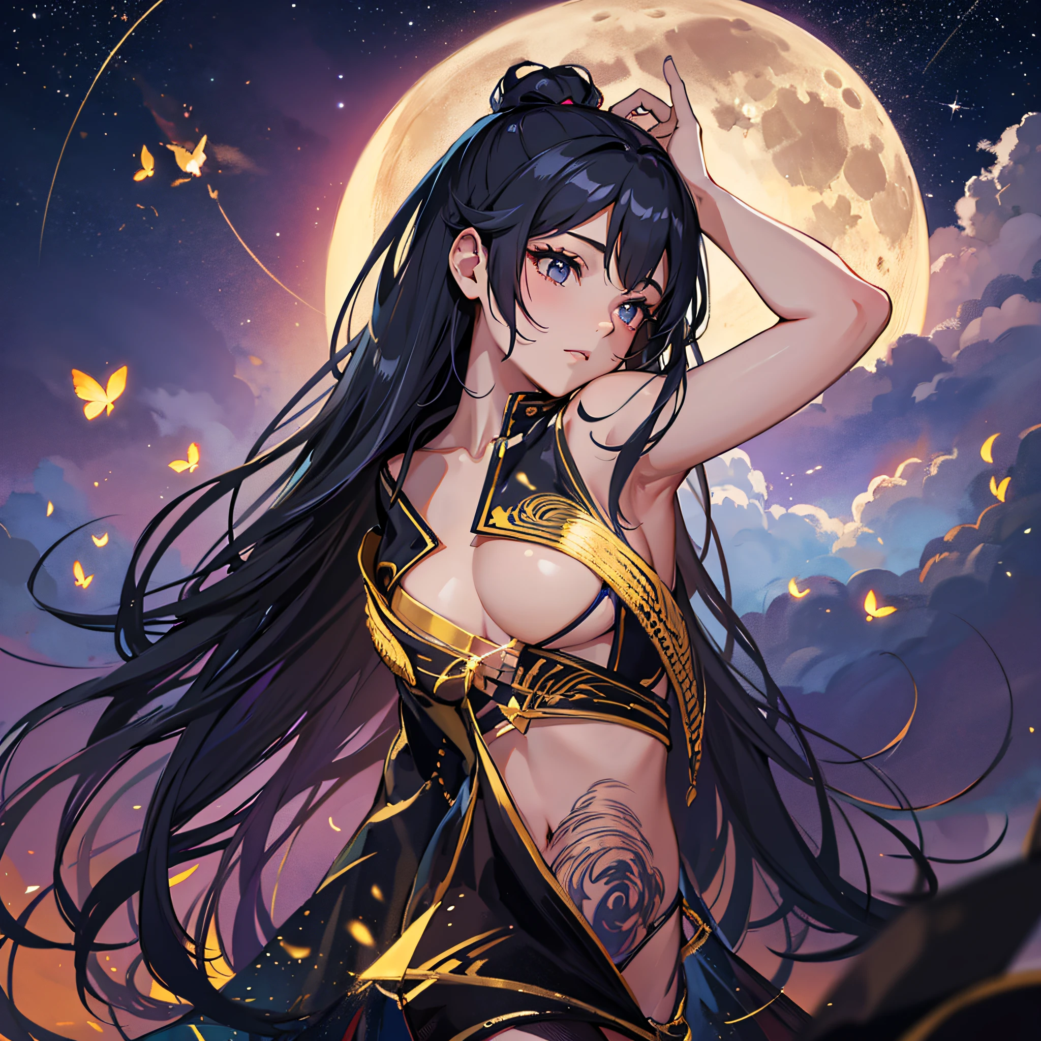 masterpiece, top quality, , night, hill, clouds, full moon, long hair, woman, silhouette, firefly. --auto --s2