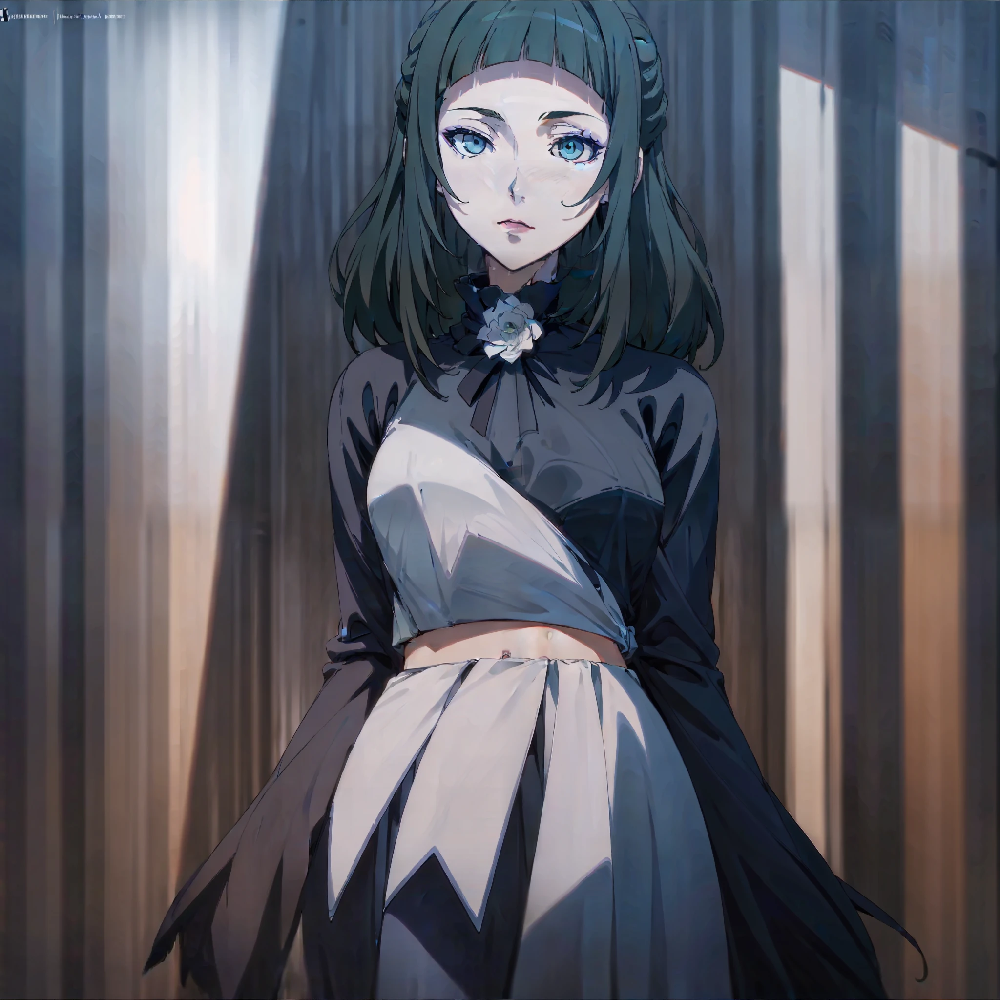 masterpiece,bestquality,illustration,nuclearexplosionbehind,flamesofwar,beautifuldetailedgirl,beautifuldetailedglow,rain,detailedlighting,detailedwater,beautifuldetailedeyes,expressionless,palace,azurehair,longbangs,white-greydress,blackribbon,midriff,blankstare,flower,longsleeves,masterpiece,bestquality,.
