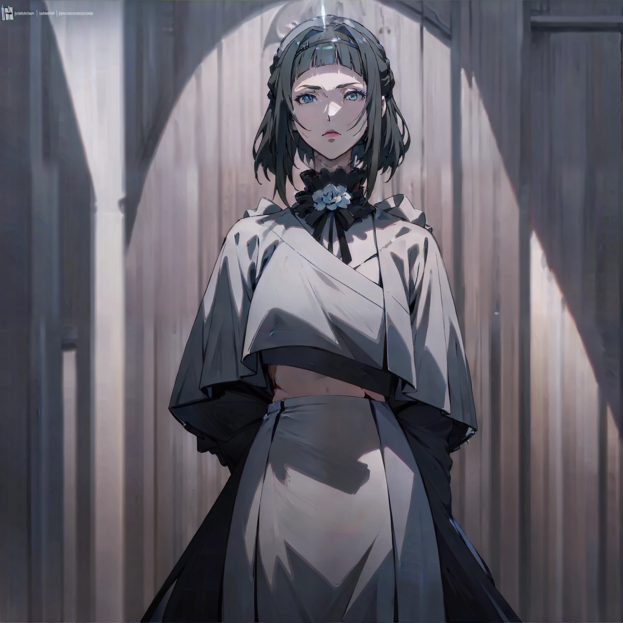 masterpiece,bestquality,illustration,nuclearexplosionbehind,flamesofwar,beautifuldetailedgirl,beautifuldetailedglow,rain,detailedlighting,detailedwater,beautifuldetailedeyes,expressionless,palace,azurehair,longbangs,white-greydress,blackribbon,midriff,blankstare,flower,longsleeves,masterpiece,bestquality,.